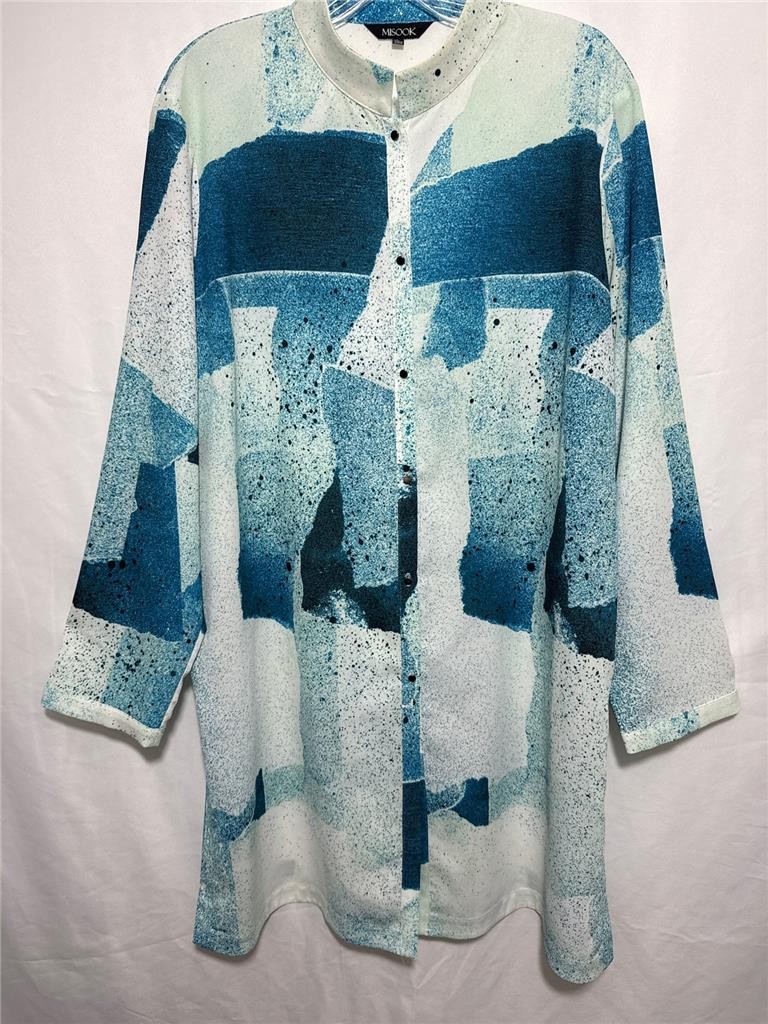 MISOOK Shades of Blue Teal & White Abstract Print Tunic Top Size Large EUC