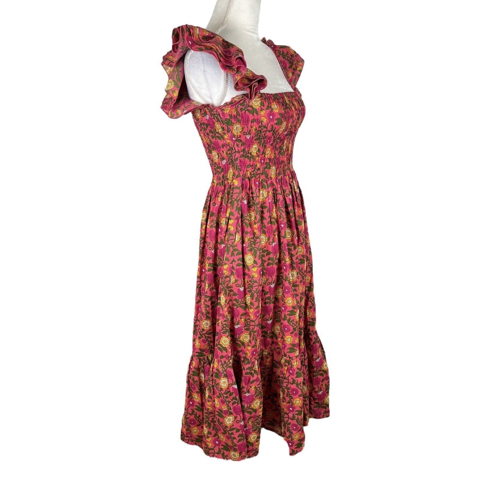 Mille Olympia Floral Smocked Midi Dress Ruffle Strap Cottagecore Coastal Sz XXS
