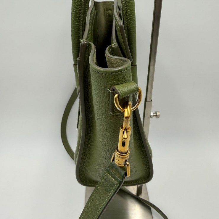 CELINE Luggage Nano Shopper Hand Bag Green Leather Gold Tone