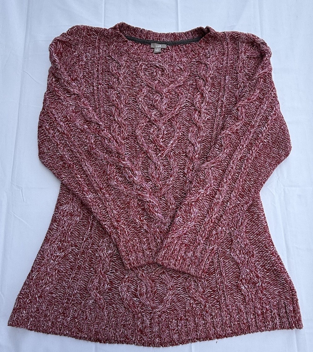 J. Jill Women’s Size Medium Cable Knit Sweater Marled Red Cotton Blend Crewneck