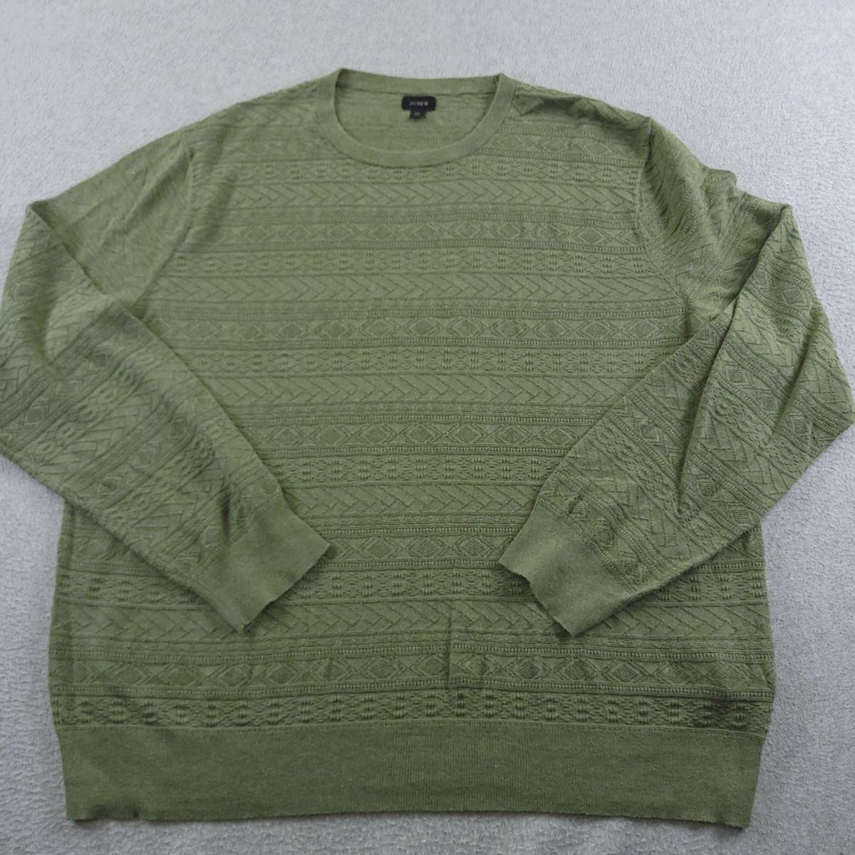 J Crew Sweater Mens XL Green 100% Cotton Guernsey Stitch Knit Pullover Crewneck