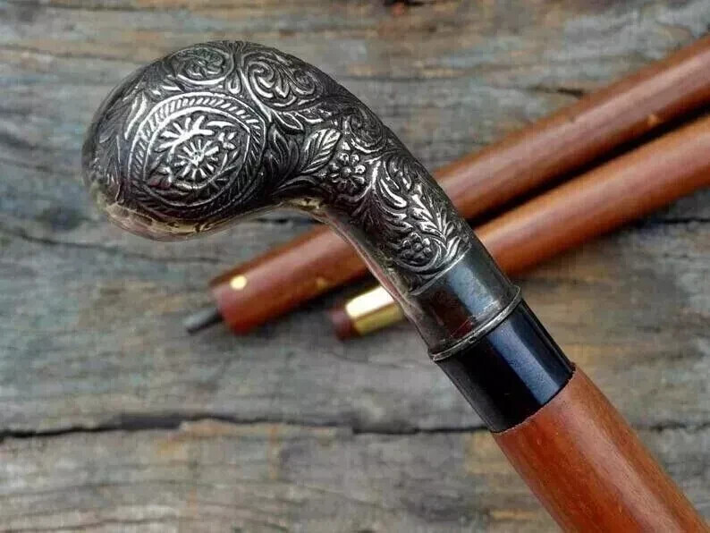 Men’s Vintage Walking Cane Wooden Walking Stick Antique Brass Designer Handle