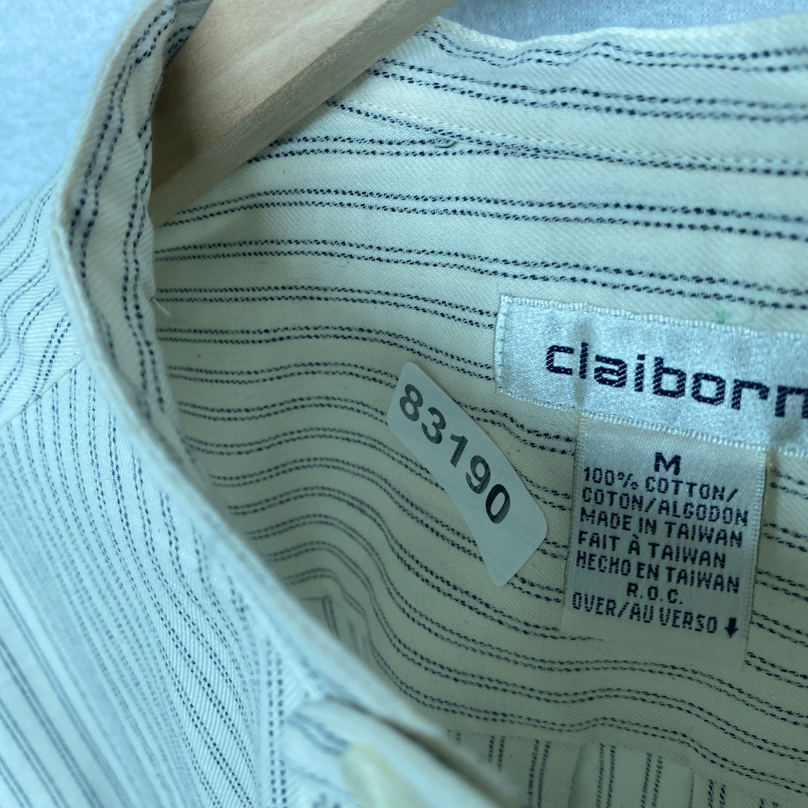 CLAIBORNE Shirt Mens M Striped Band Collar Button Up Long Sleeve Off White VTG