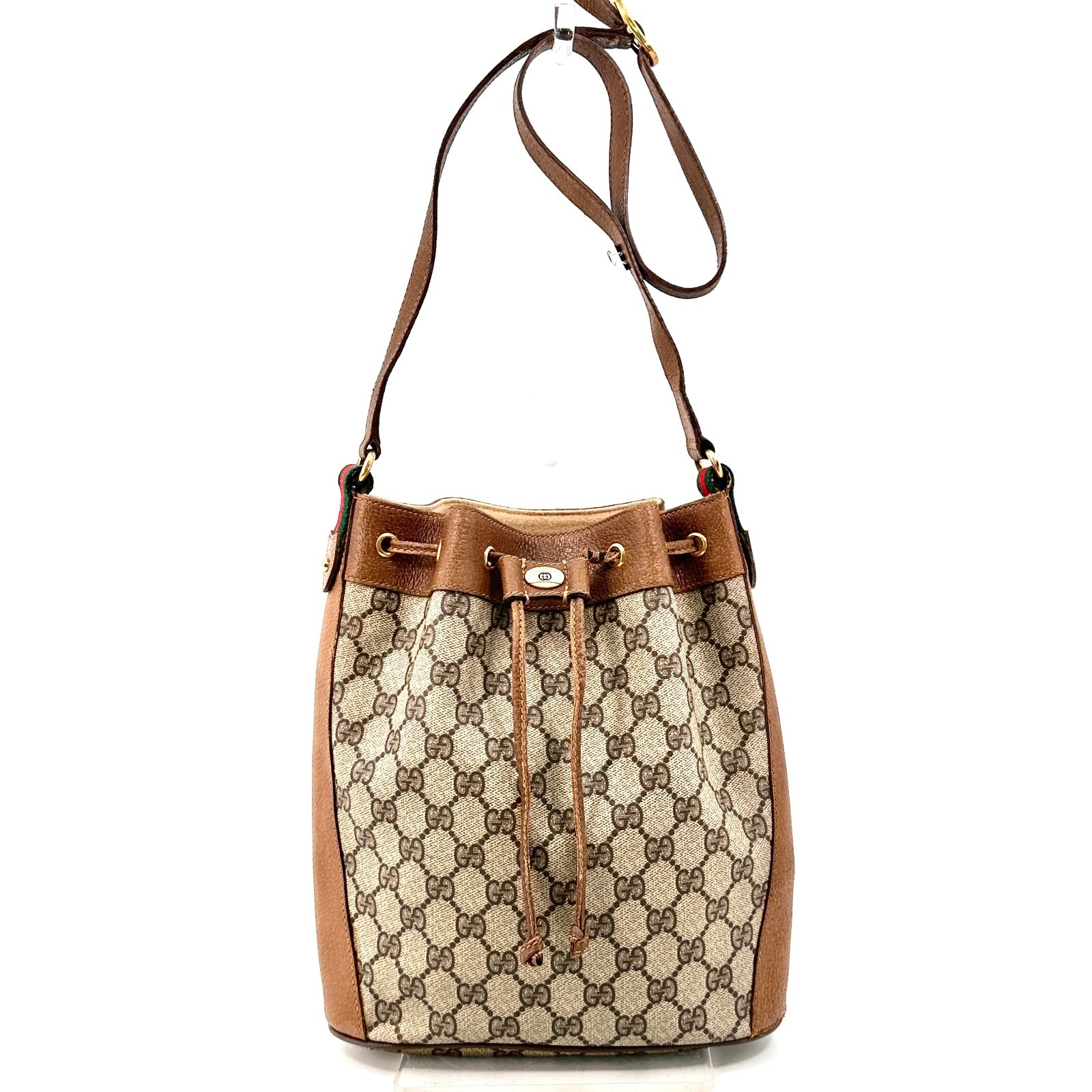 Vintage Gucci Sherry GG PVC Leather Shoulder Drawstring Hand Bag Brown 41 02 034