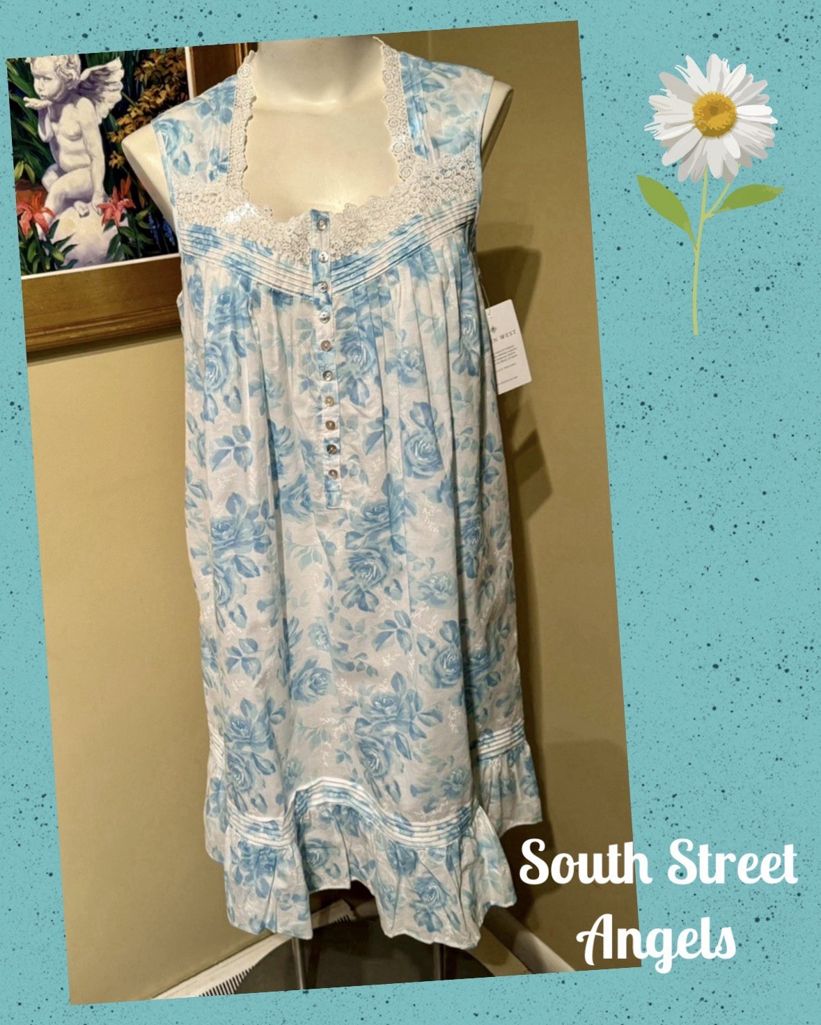 EILEEN WEST E5325037 AQUA ROSE SLEEVELESS COTTON LAWN CHEMISE NIGHTGOWN ~ MEDIUM