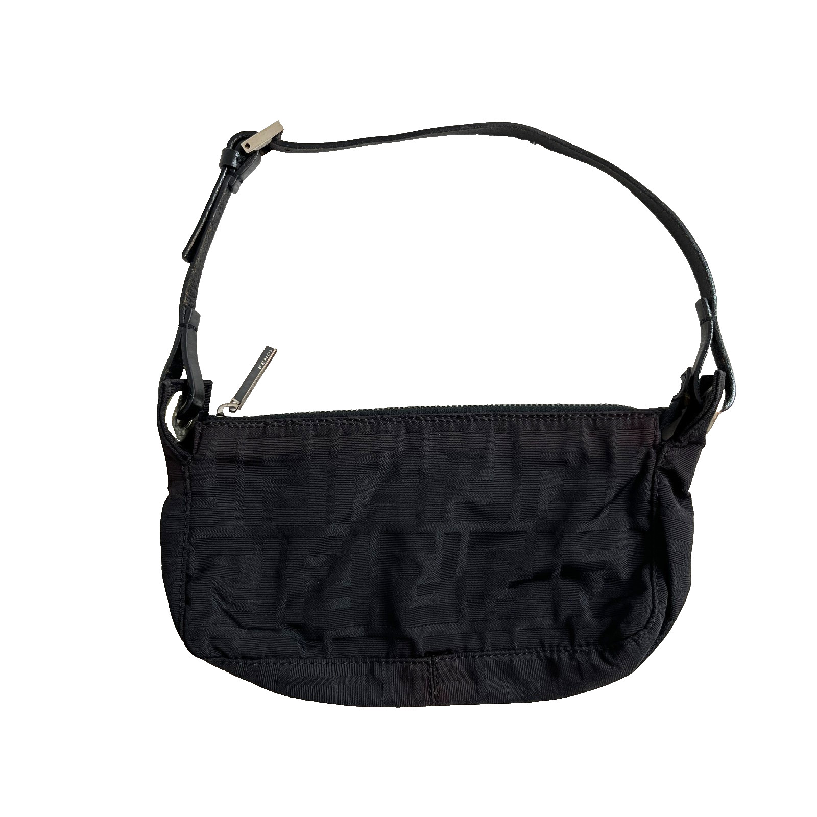 VTG Fendi FF Zucca Shoulder Handbag Monogram Black Fabric Baguette Pochette