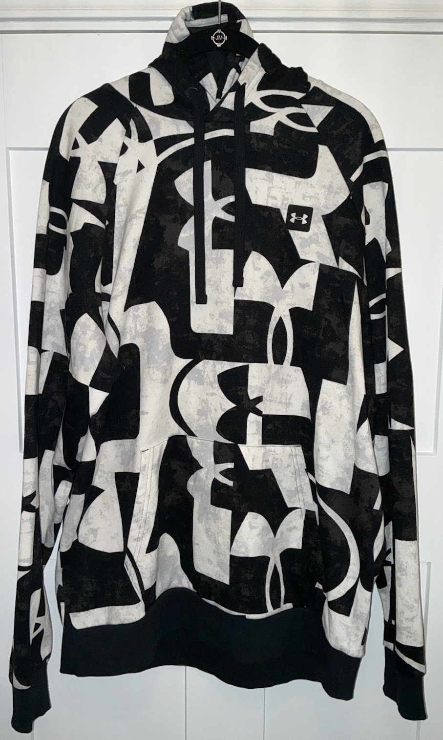 Under Armour Mens XL Rival Fleece Hoodie Pullover Black White All Over