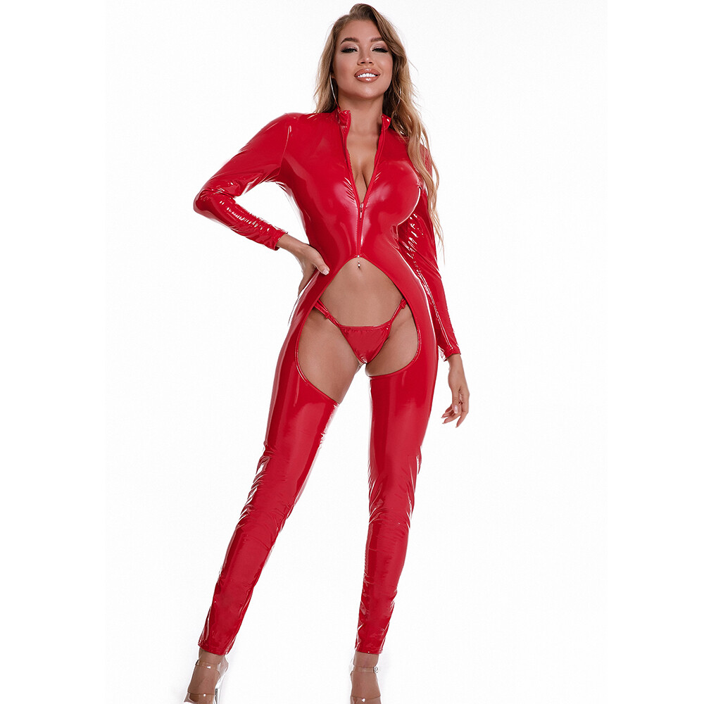 Womens PVC Leather Shiny Wet Look Jumpsuit Crotchless Bodysuit Catsuit w/ T-back