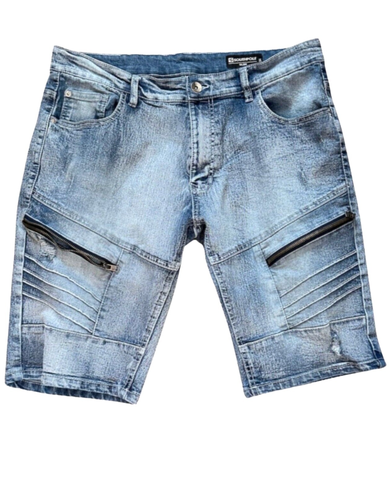 SOUTHPOLE Mens Shorts, Ripped, 2 Zip Pockets At Thigh, Acid Wash, Size 34 Slim