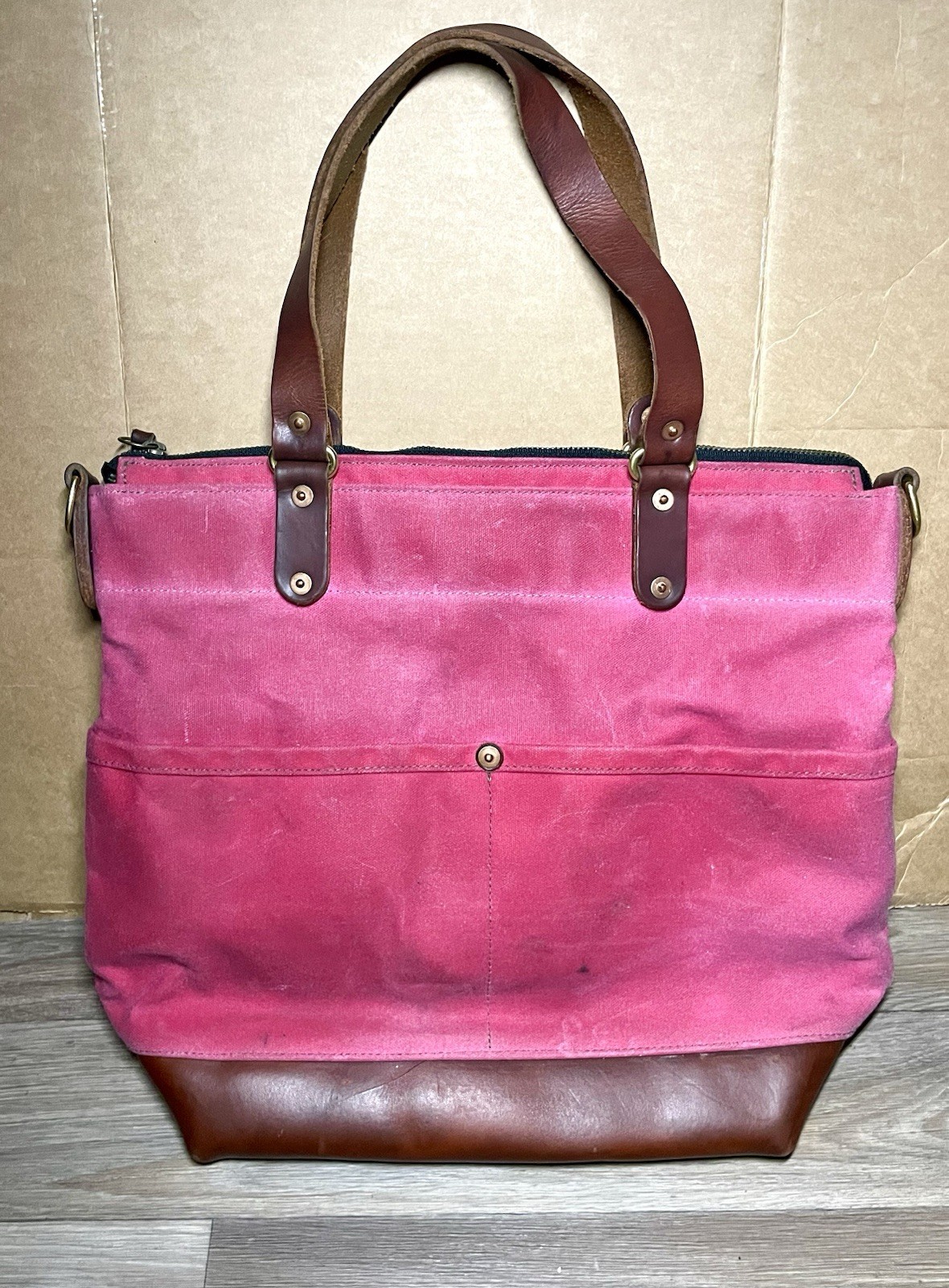 North End Bag Co The 76th St Tote Pink waxed canvas Leather accented