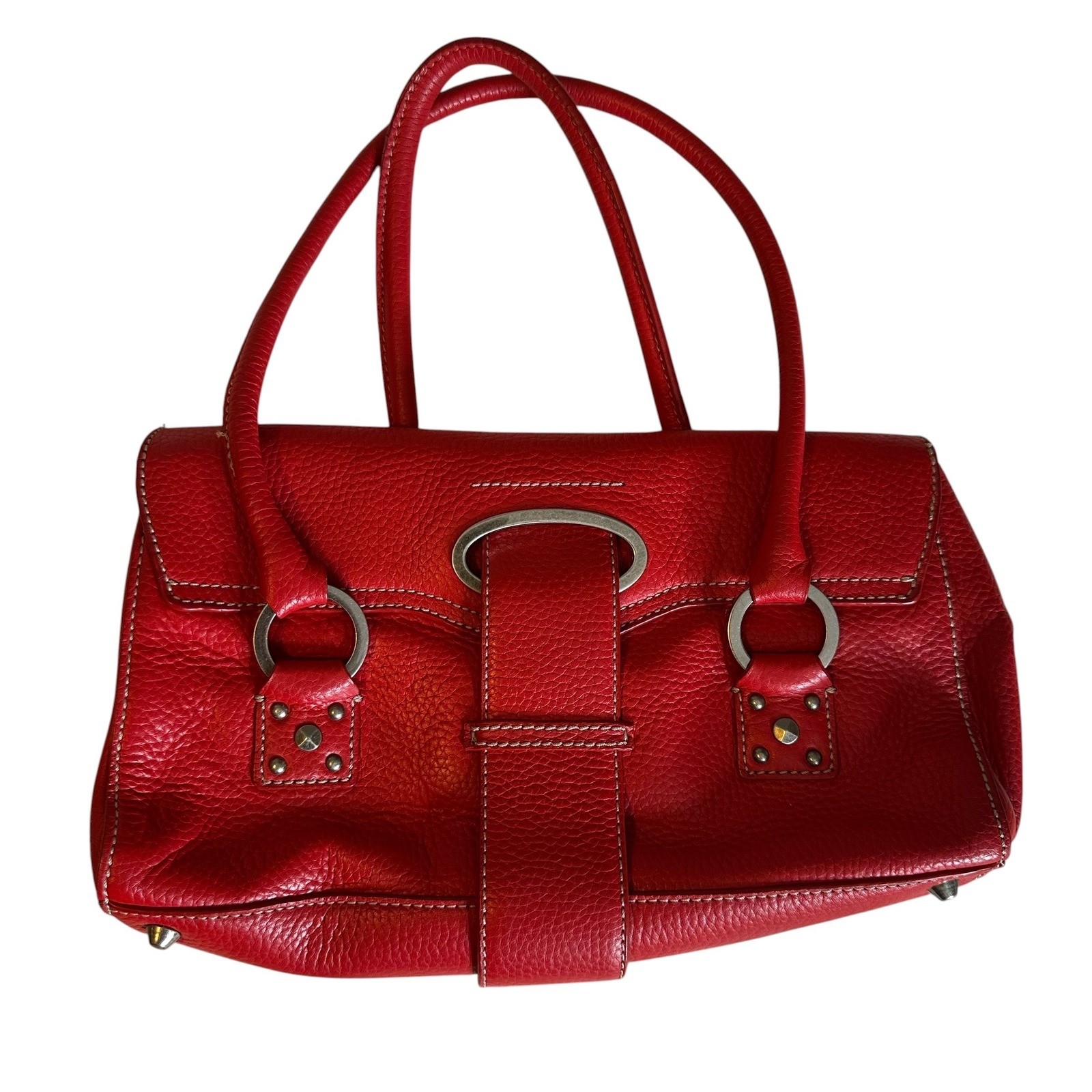 Cynthia Rowley Red Pebbled Leather Shoulder Bag Buckle Detail Silver Hardware