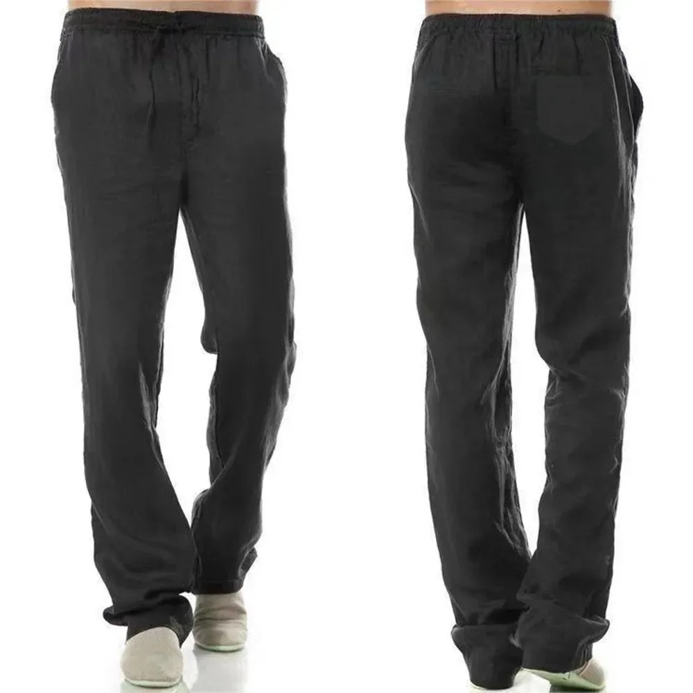 Men’s Cotton Linen Trousers Breathable Casual Elastic Waist Running Pants Gift