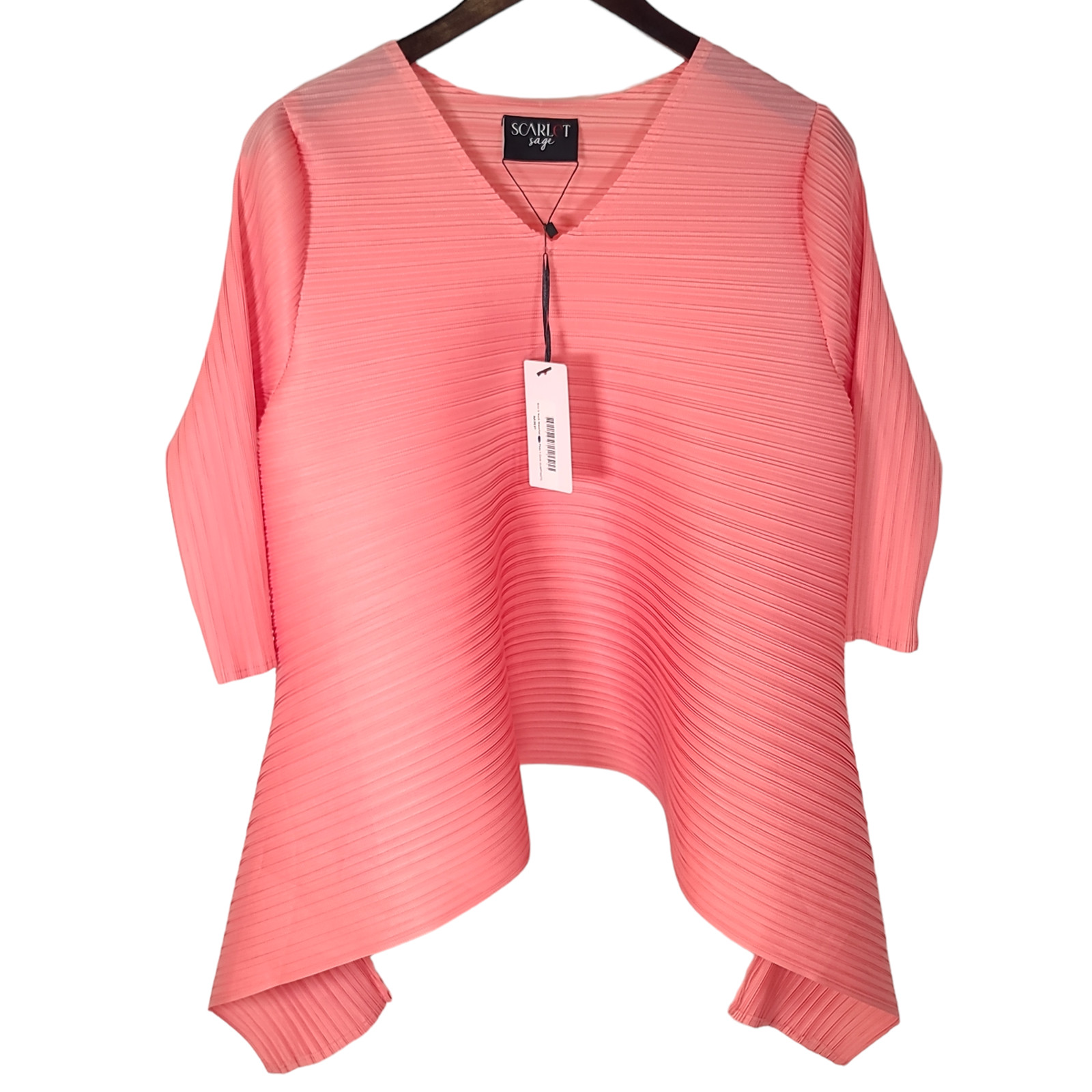 SCARLET SAGE One Size Cool Pleated Plisse Peach Coral V-Neck Waterfall Top NWT