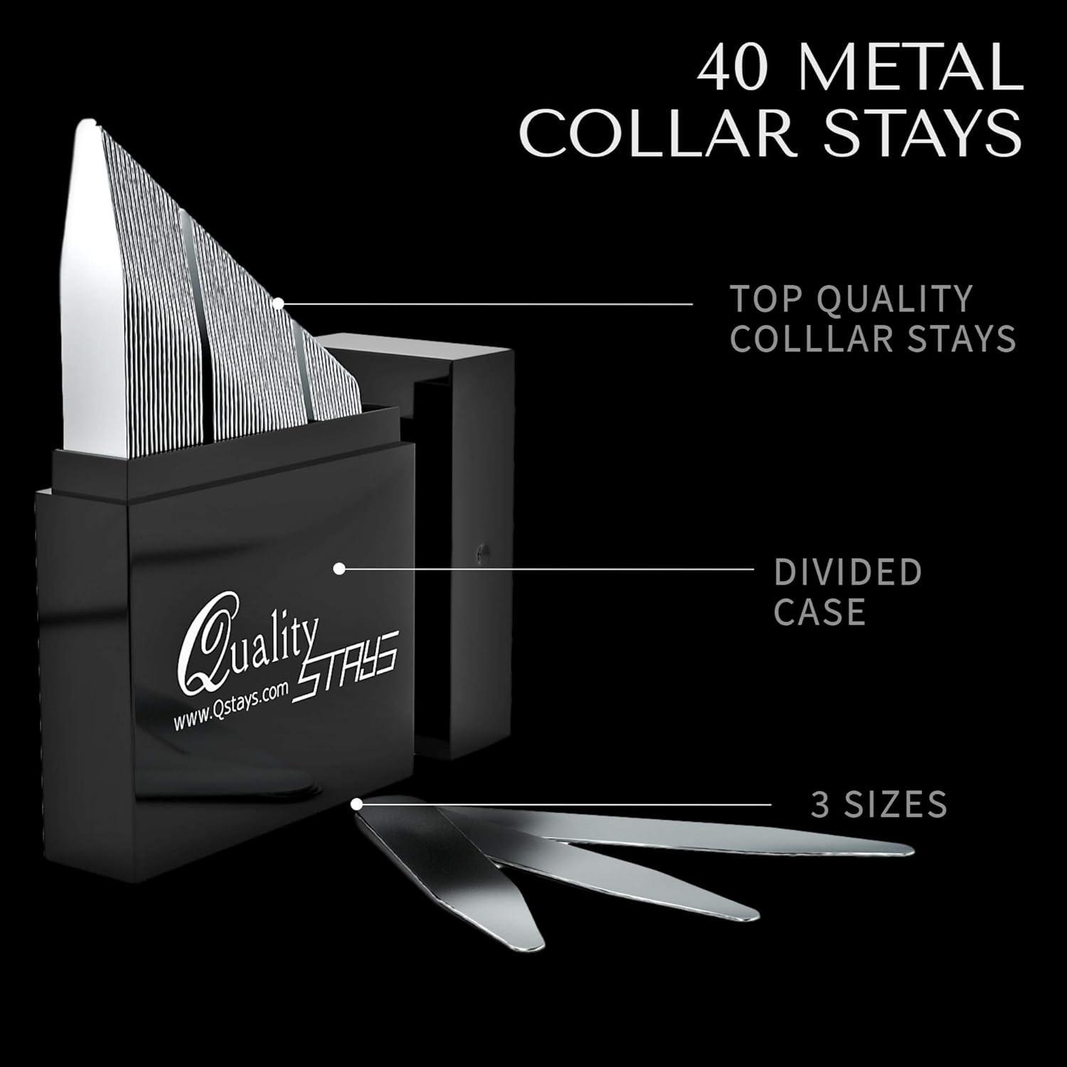 44 Metal Collar Stays for Men – 4 Sizes in Elegant Black Box 4, Silver