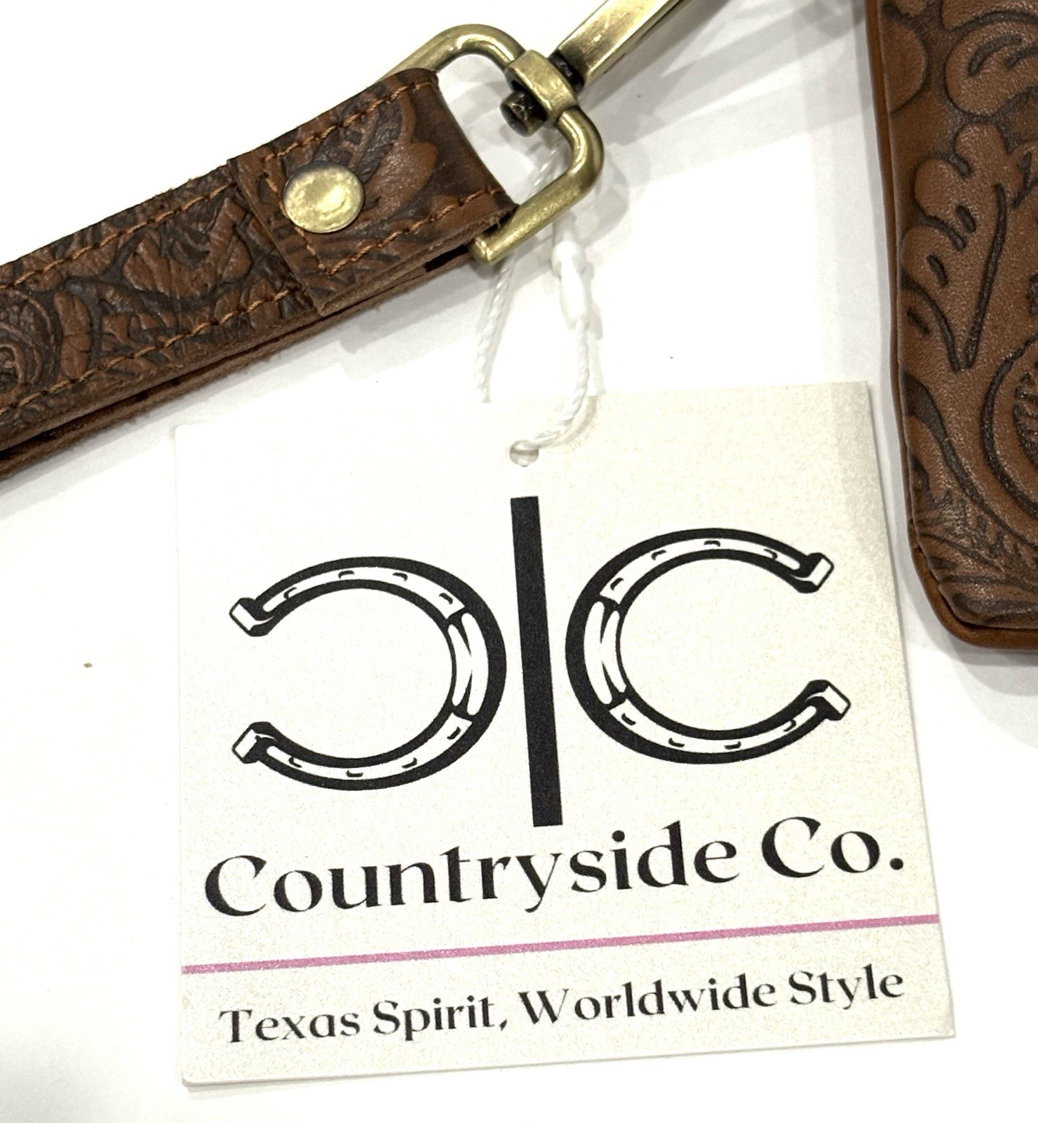 Countryside Co. Cowhide Tooled Leather Wristlet Clutch Brown White NWT