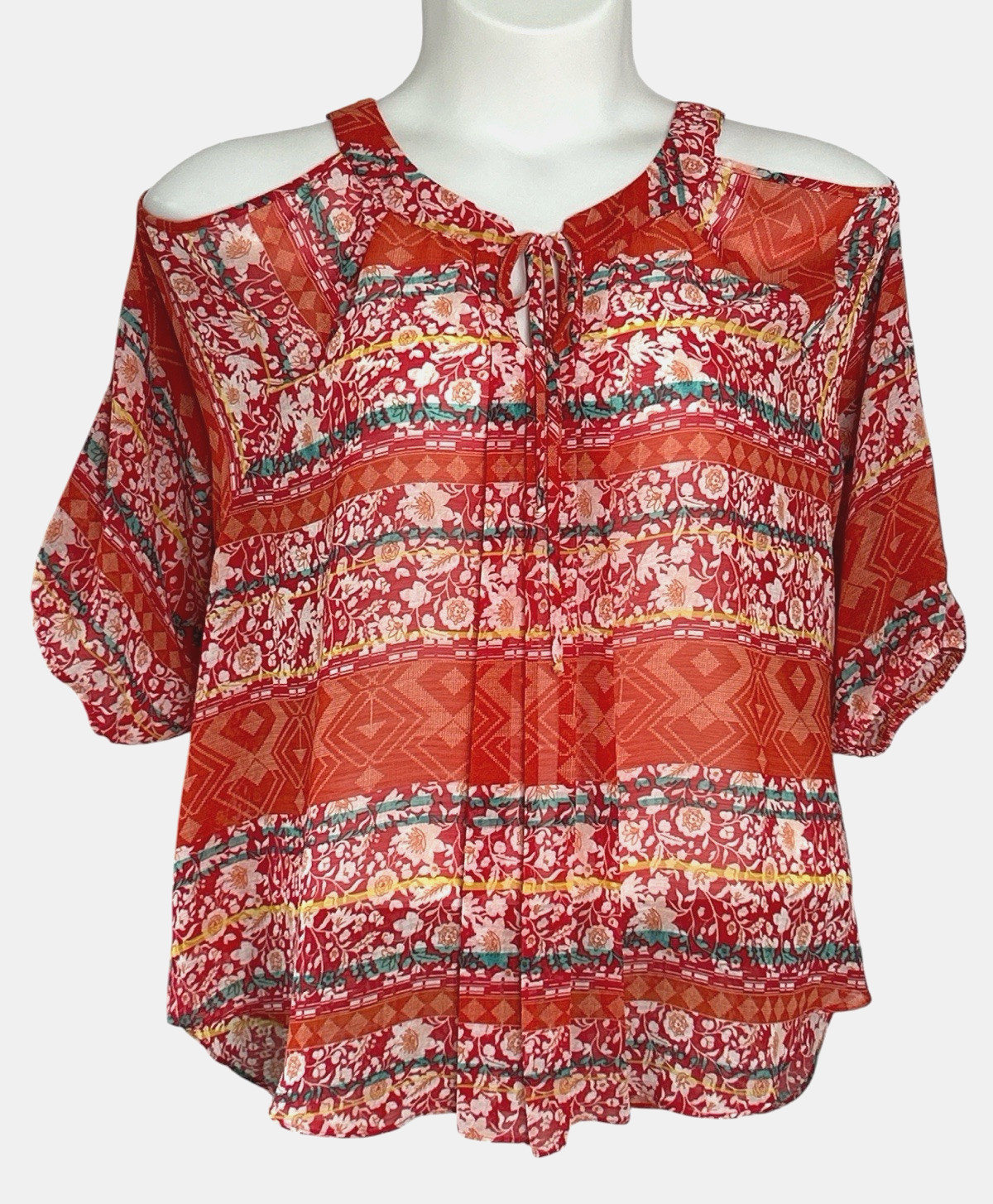 NWT B. Wear Chiffon 3/4 Cold Shoulder Tie Front Pleated Blouse, Orange, Size 3X