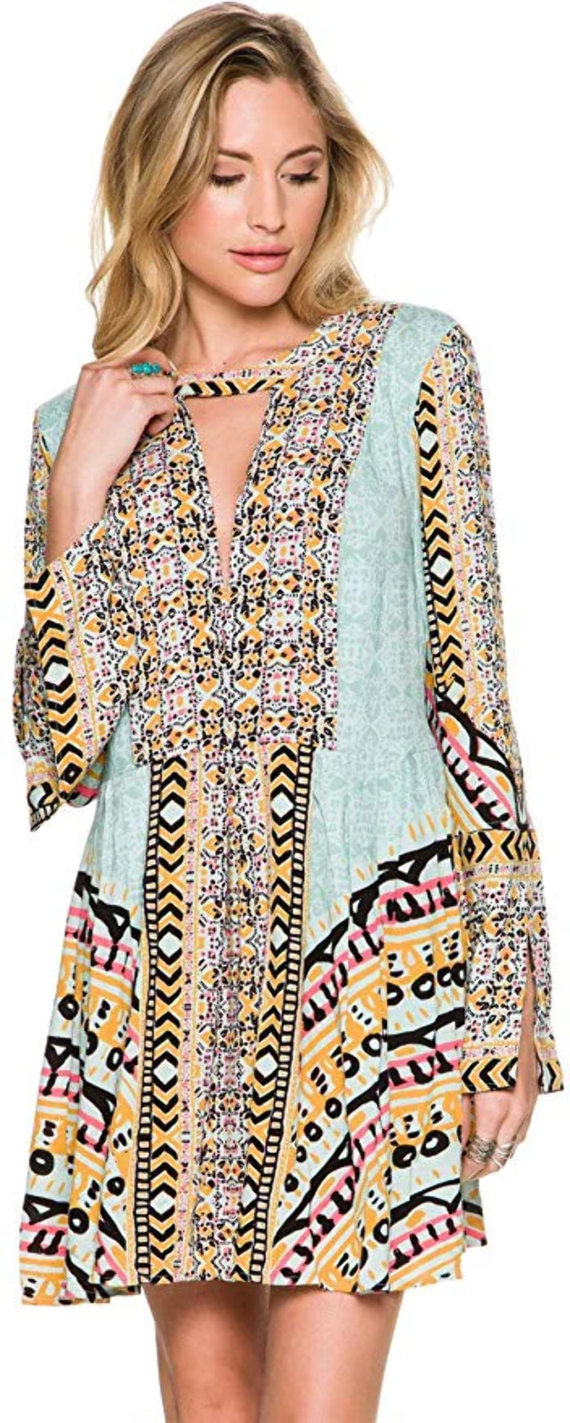 Free People New Women’s Tegan Border Printed Mini Dress V-Neck Rayon Blue