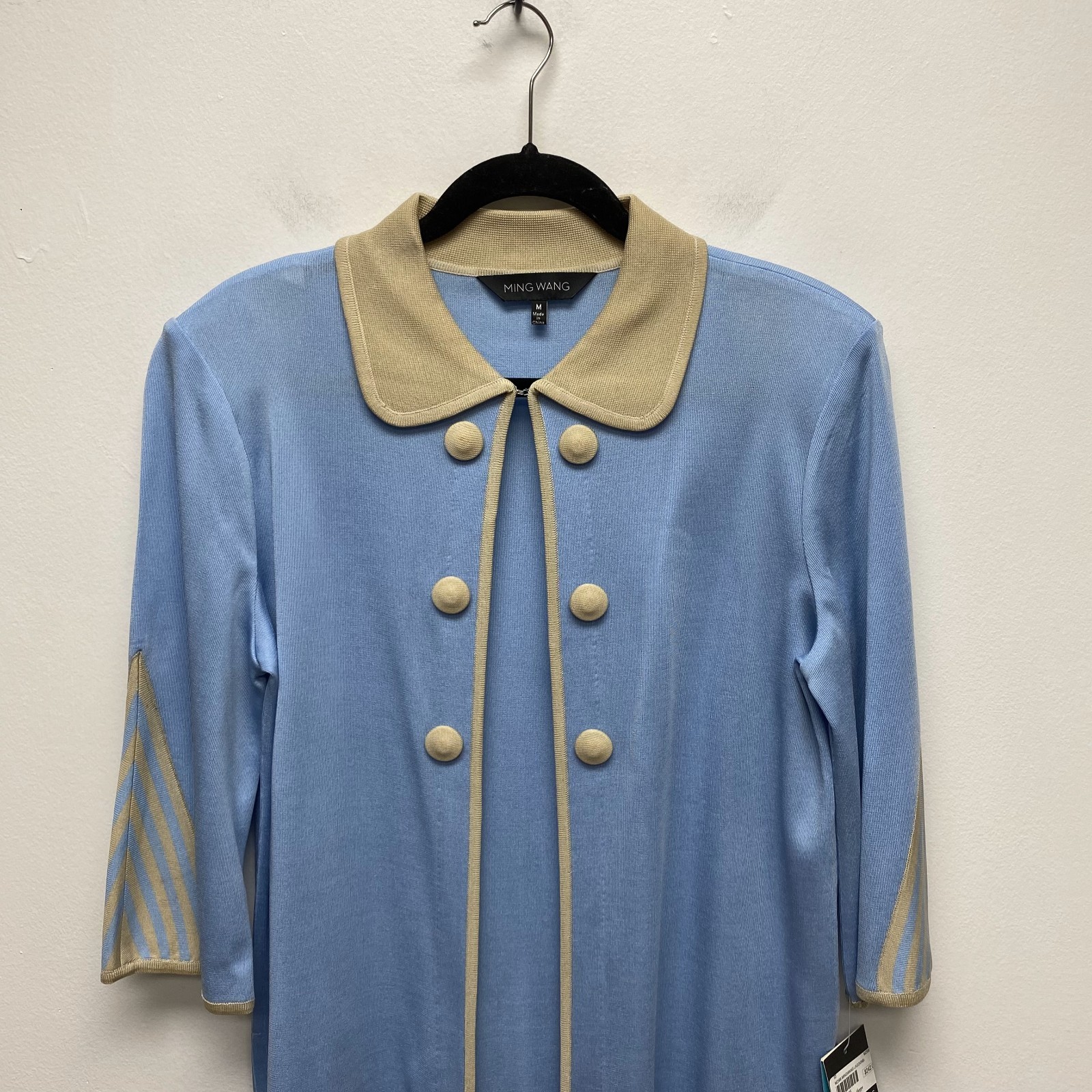 Ming Wang 3 Piece Knit Suit Set Womens Blue Tan Tank Cardigan & Skirt M L NWT