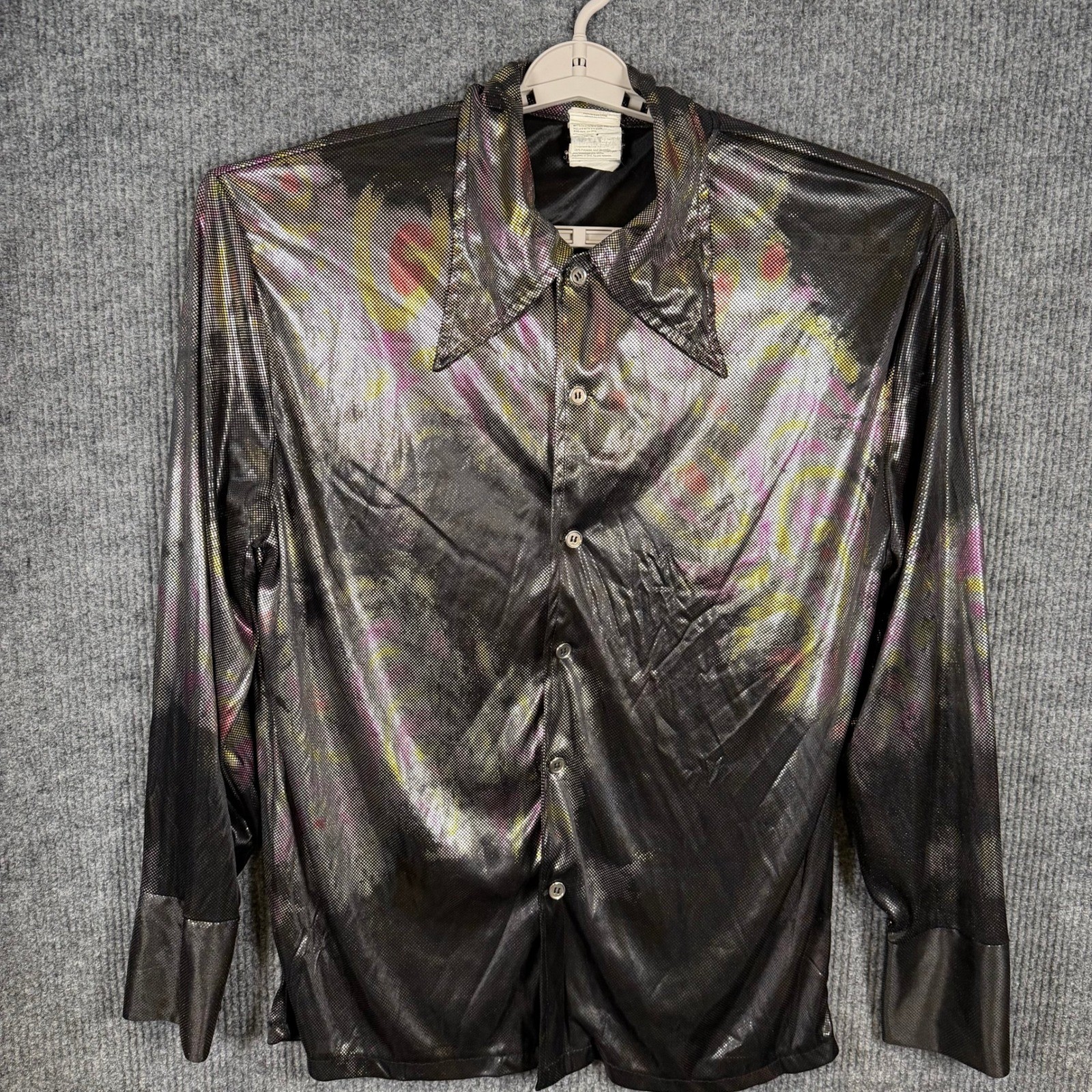 70s Style Disco Shirt Men XL? Metallic Black Psychedelic Glam Rock Dagger Collar