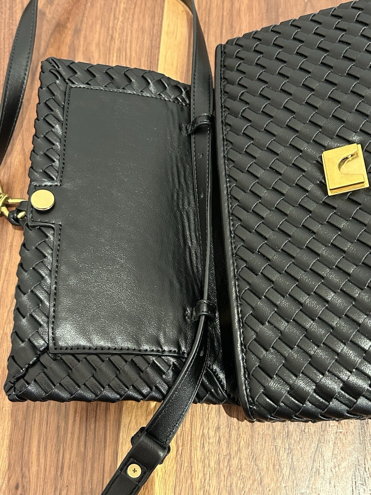 Women’s Black Woven Satchel Top Handle Turn Lock, Detachable Strap Gold Hardware