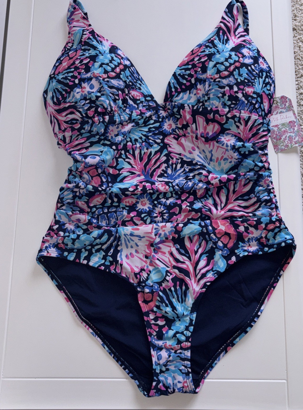 Stella Parker Pink Blue Coral Reef Print Shirred One-Piece Swimsuit M NWT $98