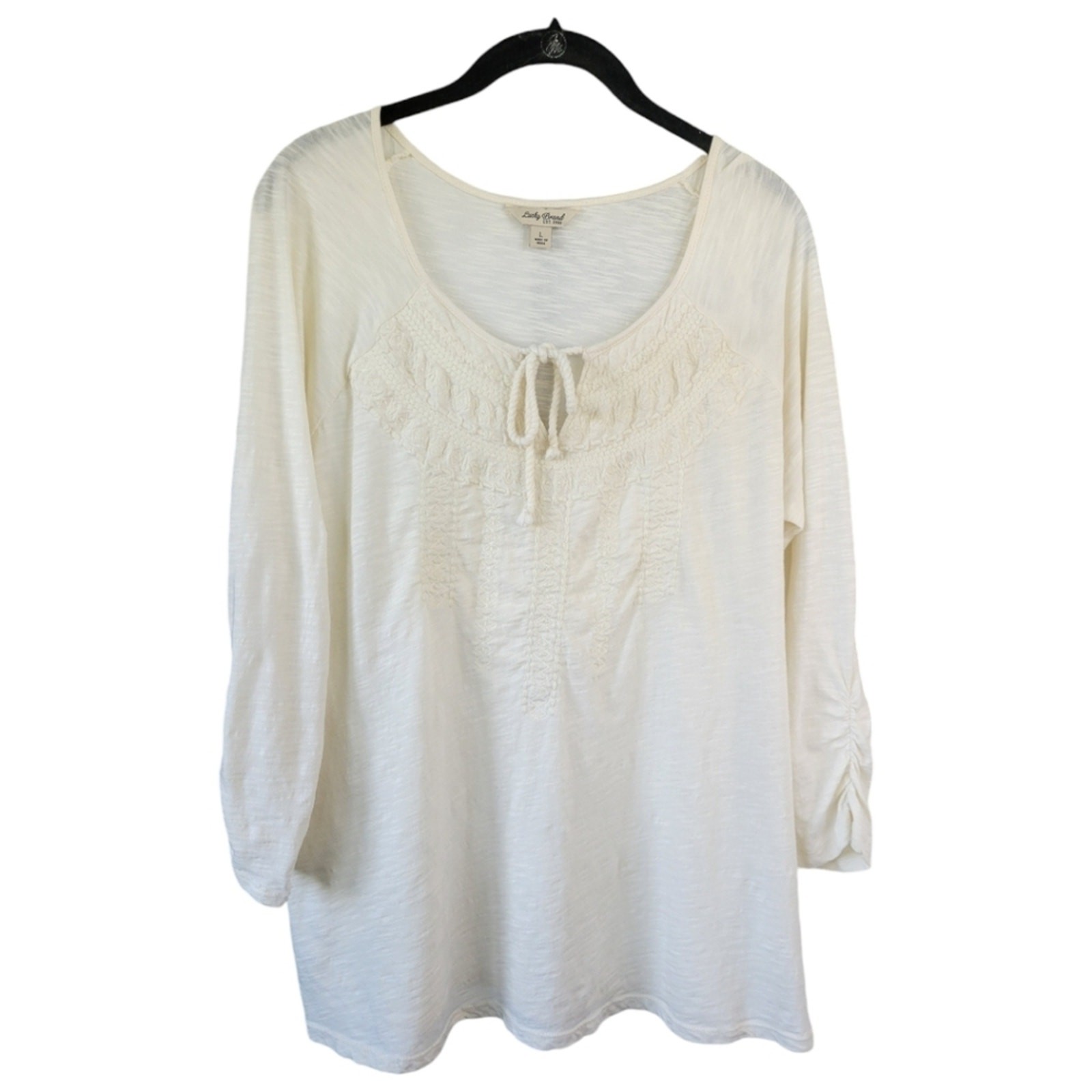 Lucky Brand Sz L Embroidered Cotton Peasant Cottagecore Blouse Top Cream