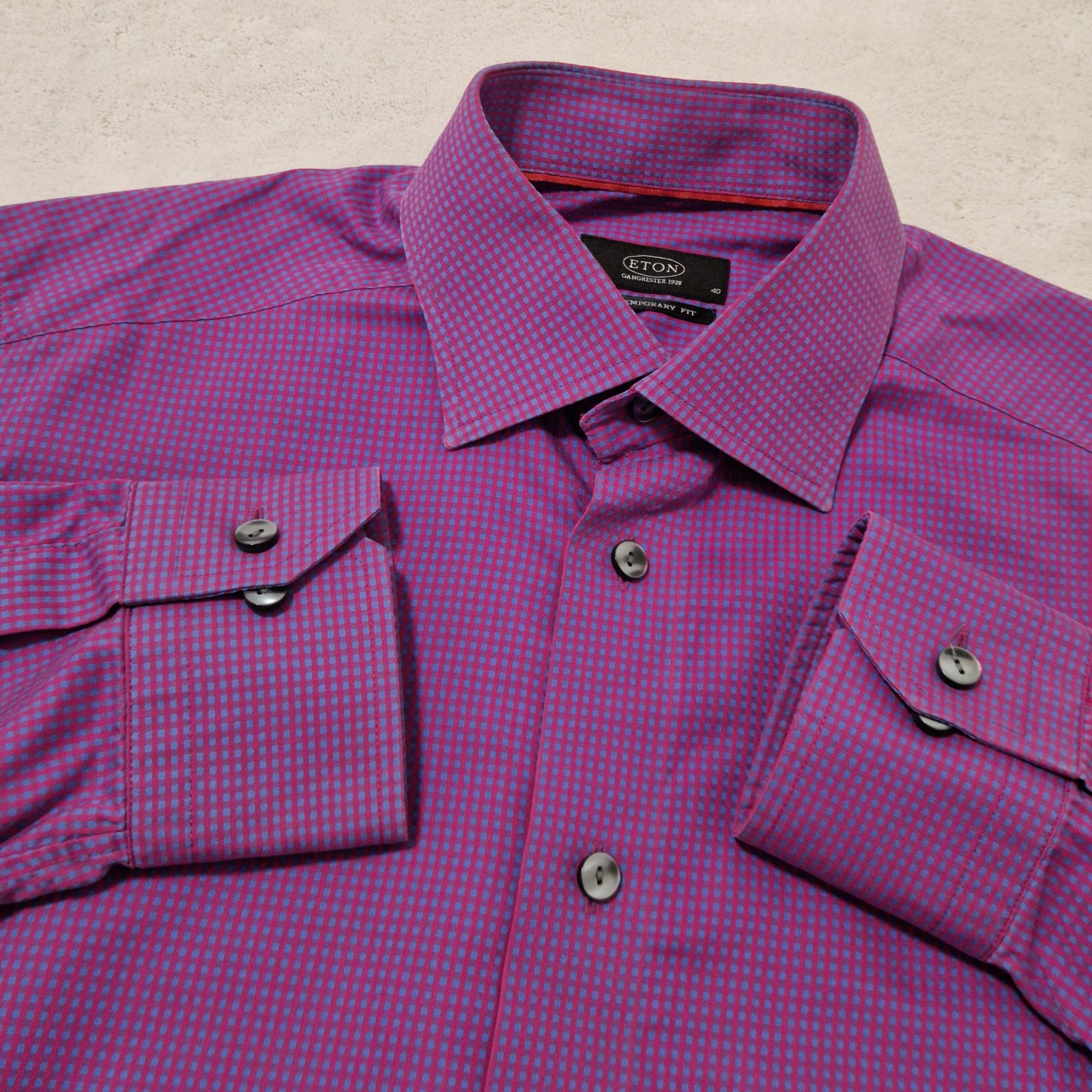 Eton Shirt Mens 40 15 3/4 Purple Check Contemporary Fit Barrel Cuff Office