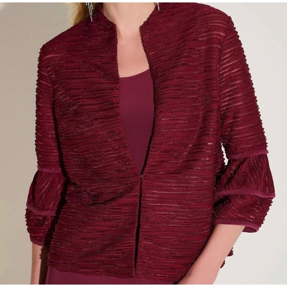 Joseph Ribkoff Merlot Cascade Jacket Size 12 Sheer Sparkle Quiet Luxury