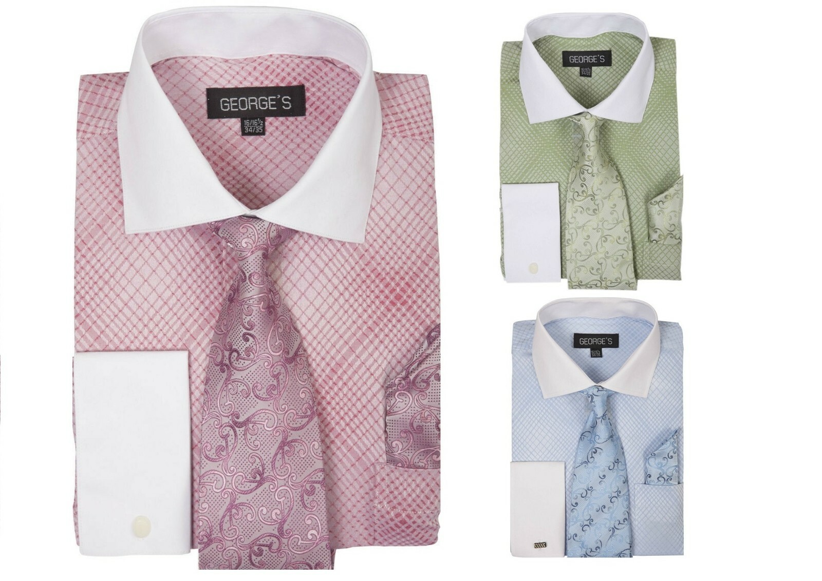 New Men’s Mini Plaid /Check Design Dress Shirt French Cuff With Tie&Hanky AH624
