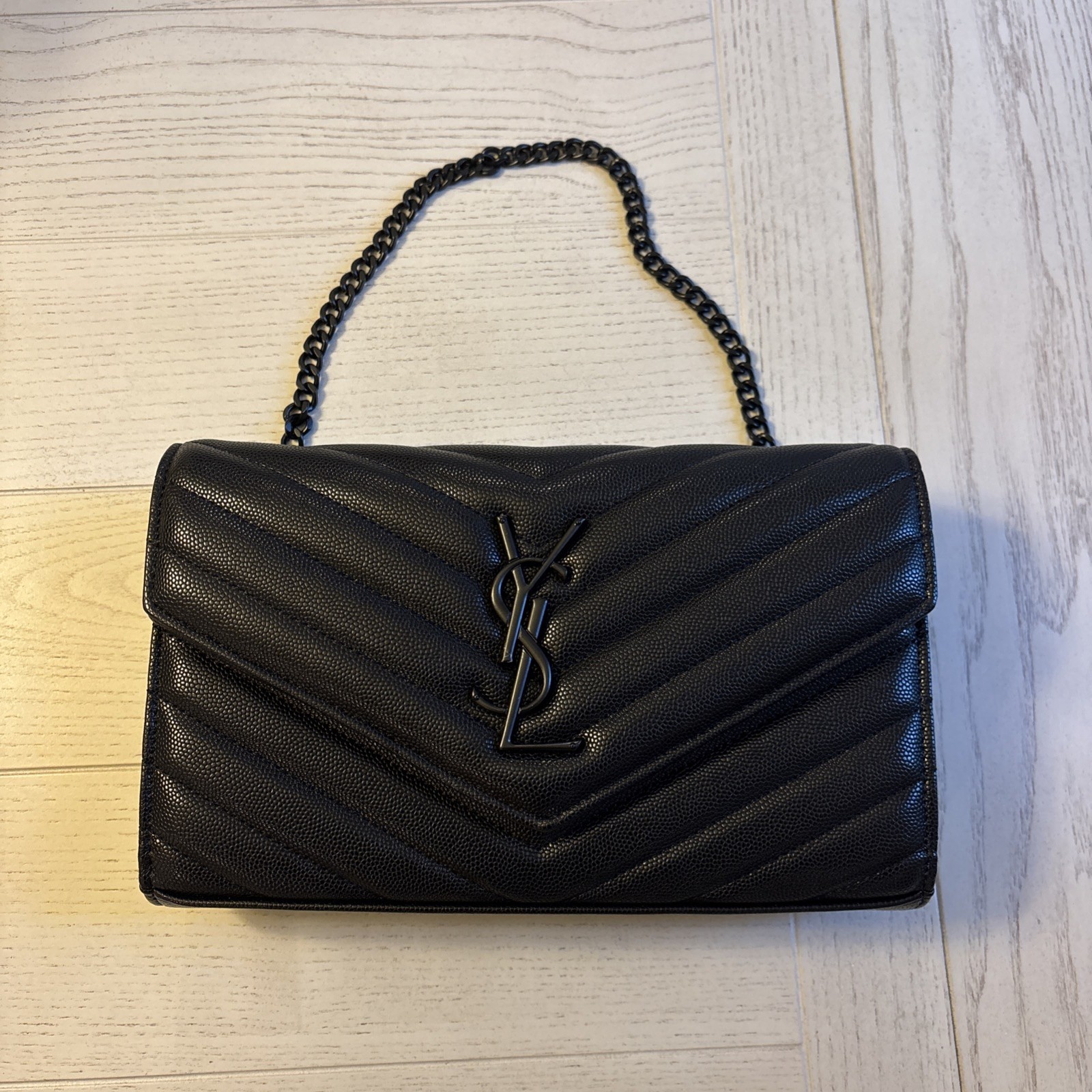 Saint Laurent YSL Black Leather Chain Wallet Crossbody