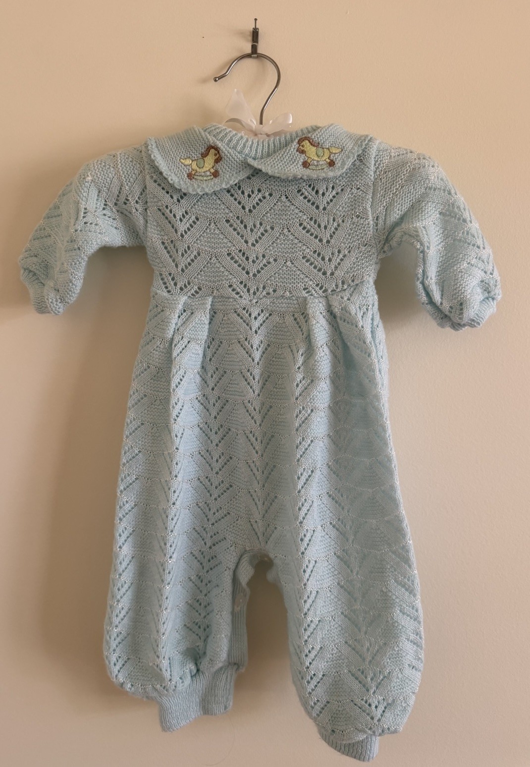 Blue Knit Collared One-Piece Romper 0-3M Long Sleeve Rocking Horse Embroidered