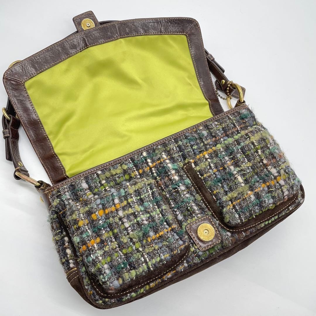 COACH 8F18 Shoulder Bag Handbag Wool Leather Suede Multicolor Brown Green Blue