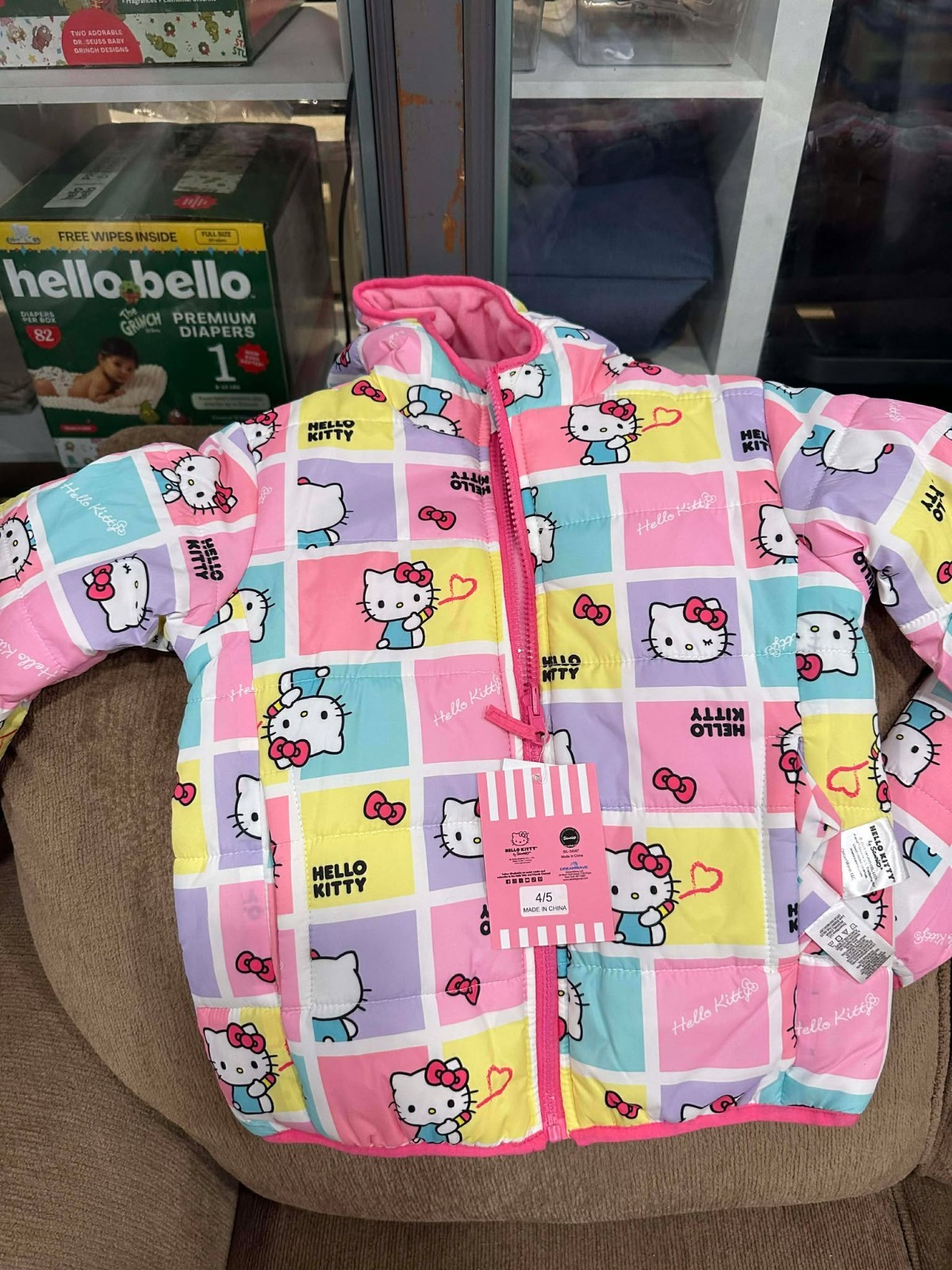 New Hello Kitty Pink Girl’s Puffer Jacket Reversible Fleece Lined XS, S, M, L
