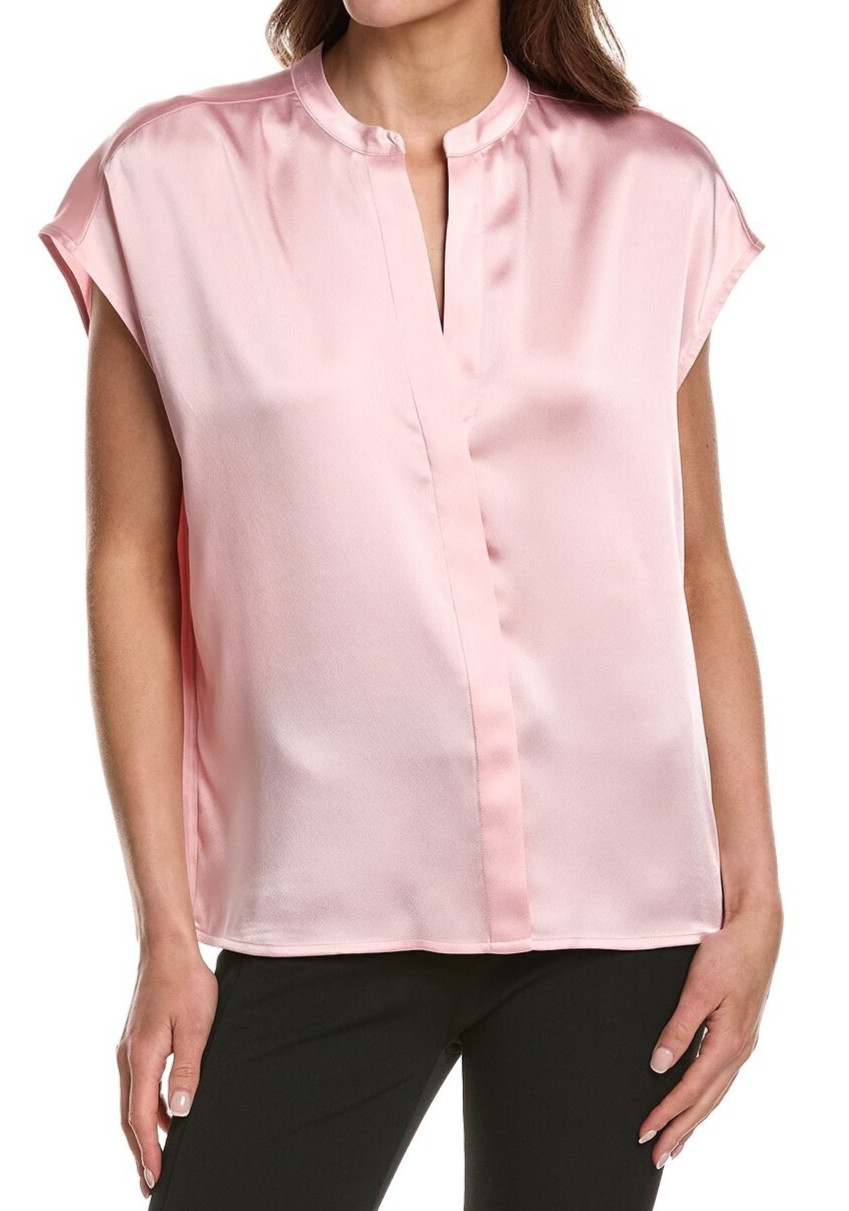 Vince M Medium Womens Blouse Rose Pink Satin Split V Cap Sleeve Popover $295