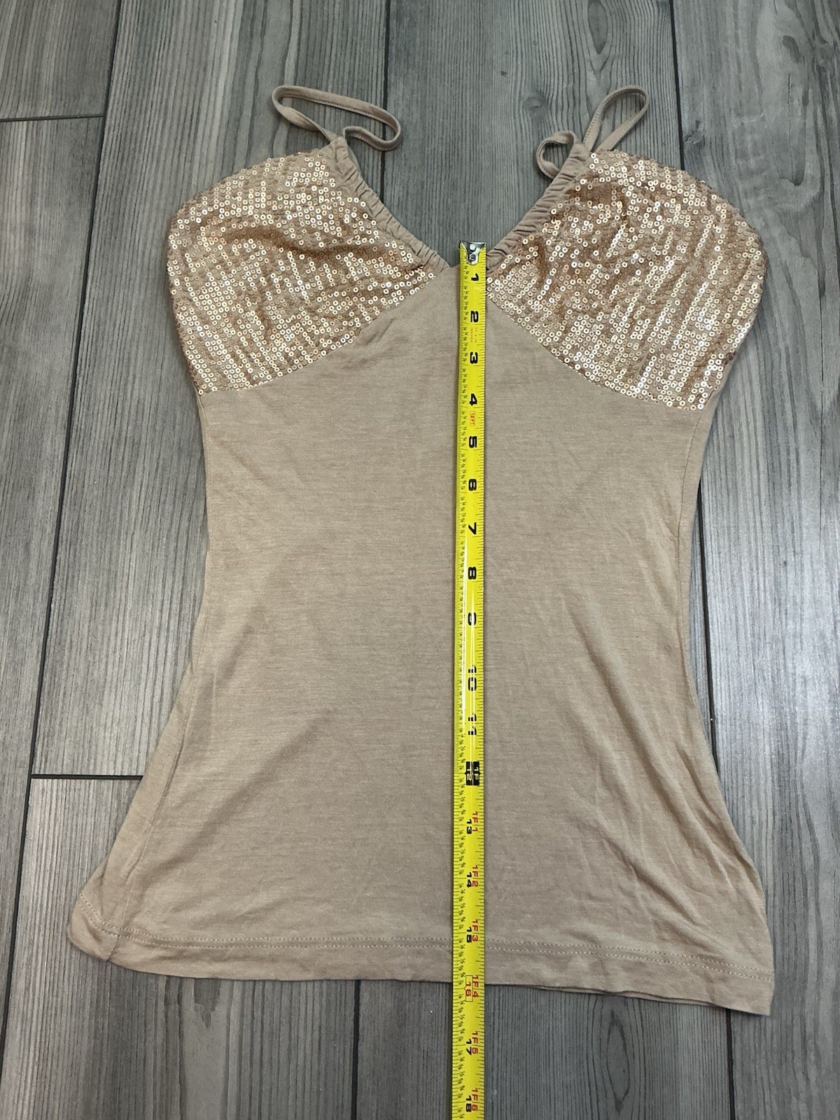 Motivi Women’s Sequin Trim Camisole Top Beige Nude Spaghetti Strap V-Neck Size S