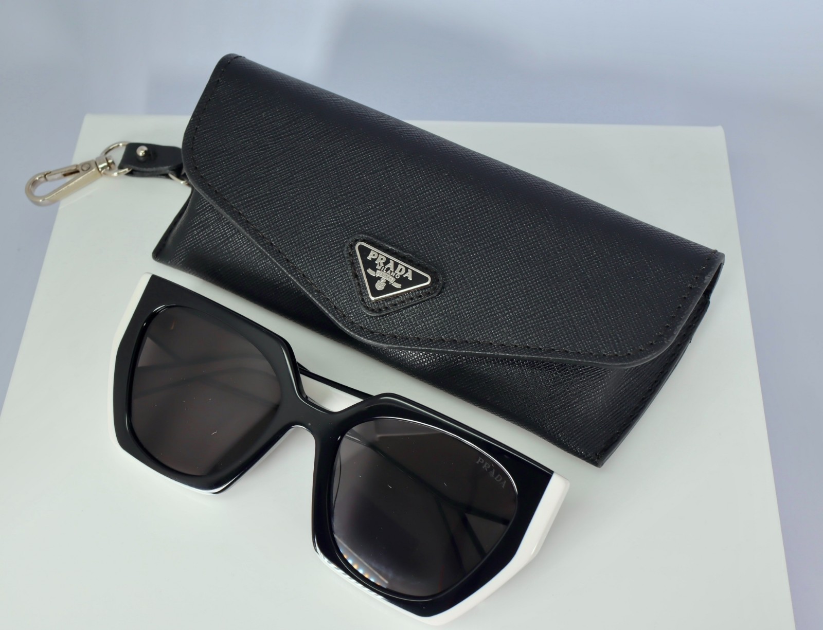 Prada PR15WS 09Q5S0 Women’s Rectangle Sunglasses in Black and White/Gray Lens