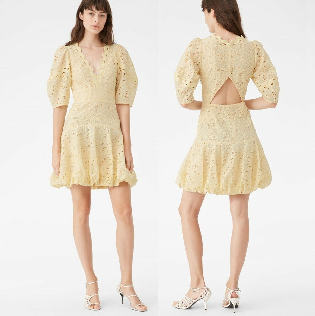 REBECCA TAYLOR ‘Audrey’ Eyelet Empire Waist V-Neck Bubble Hem Dress, 0 Yellow