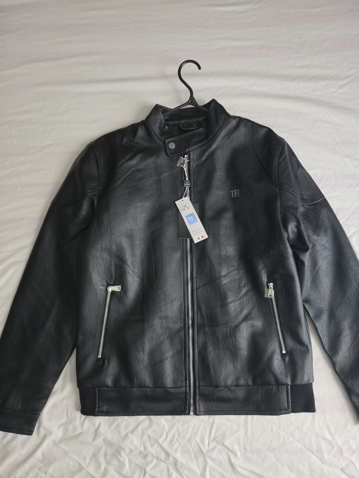 TF Men’s Black Leather Biker Jacket M Regular Full Zip Band Collar Pockets