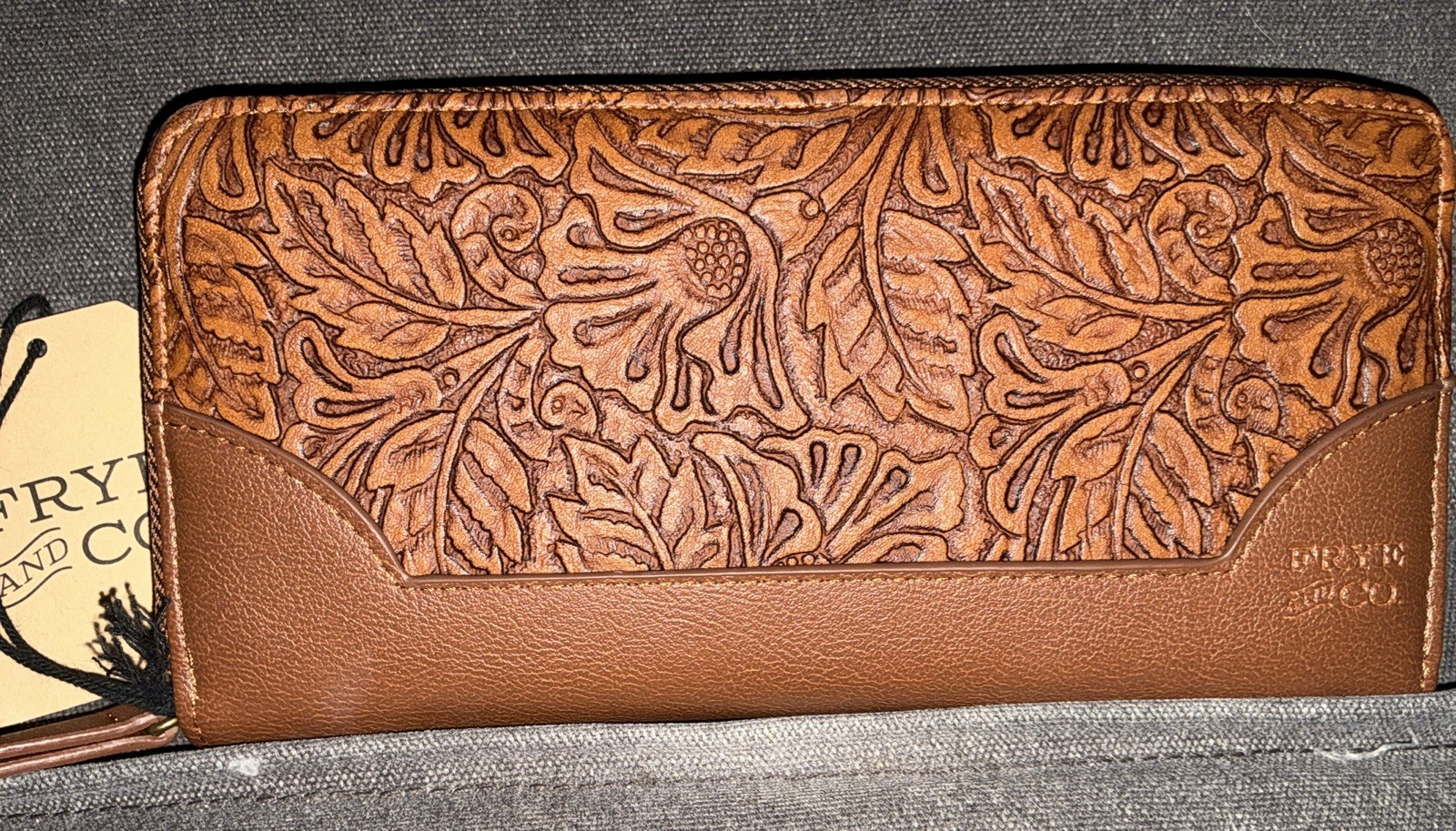 FRYE and CO. Tooling Embossed Womens Zip Around Wallet Cognac Vegan Leather NWT