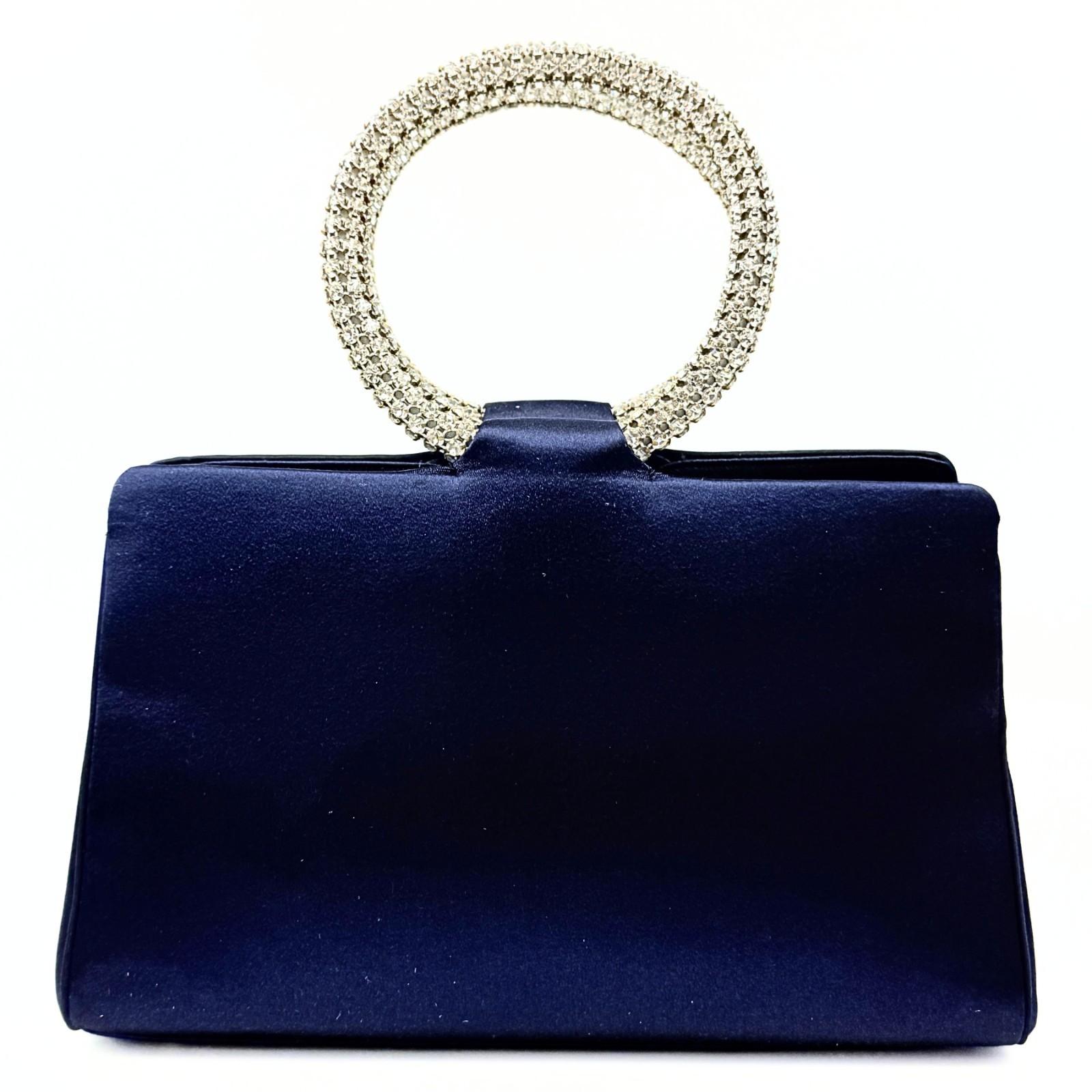 Judith Leiber Midnight Blue Satin Rhinestone O-Ring Top Handle Clutch Bag