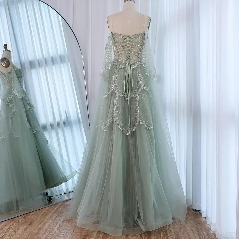 Green Evening Gown Off-Shoulder Lace-Up Back Crystal Bridal Gown-