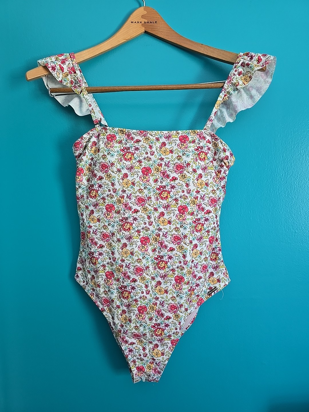 Wallflower Sz L Swim 1 Piece White Pink Floral Swimsuit Ruffled Removable Straps