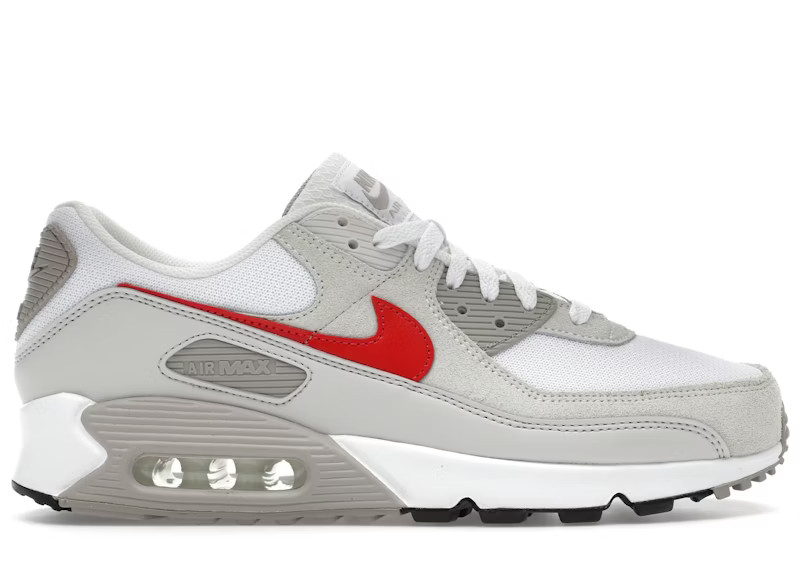 Size 9.5 – Nike Air Max 90 White College Grey Vast Grey University Red – New