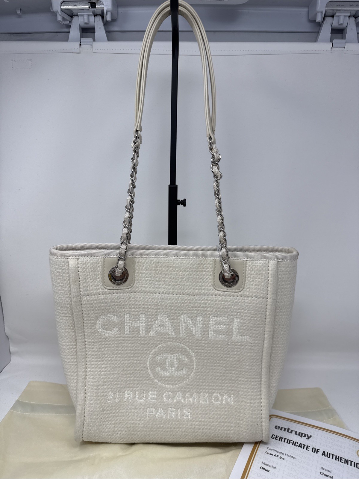 CHANEL DEAUVILLE Shopping Bag Small Tote Bag Microchipped Cream 2 COA