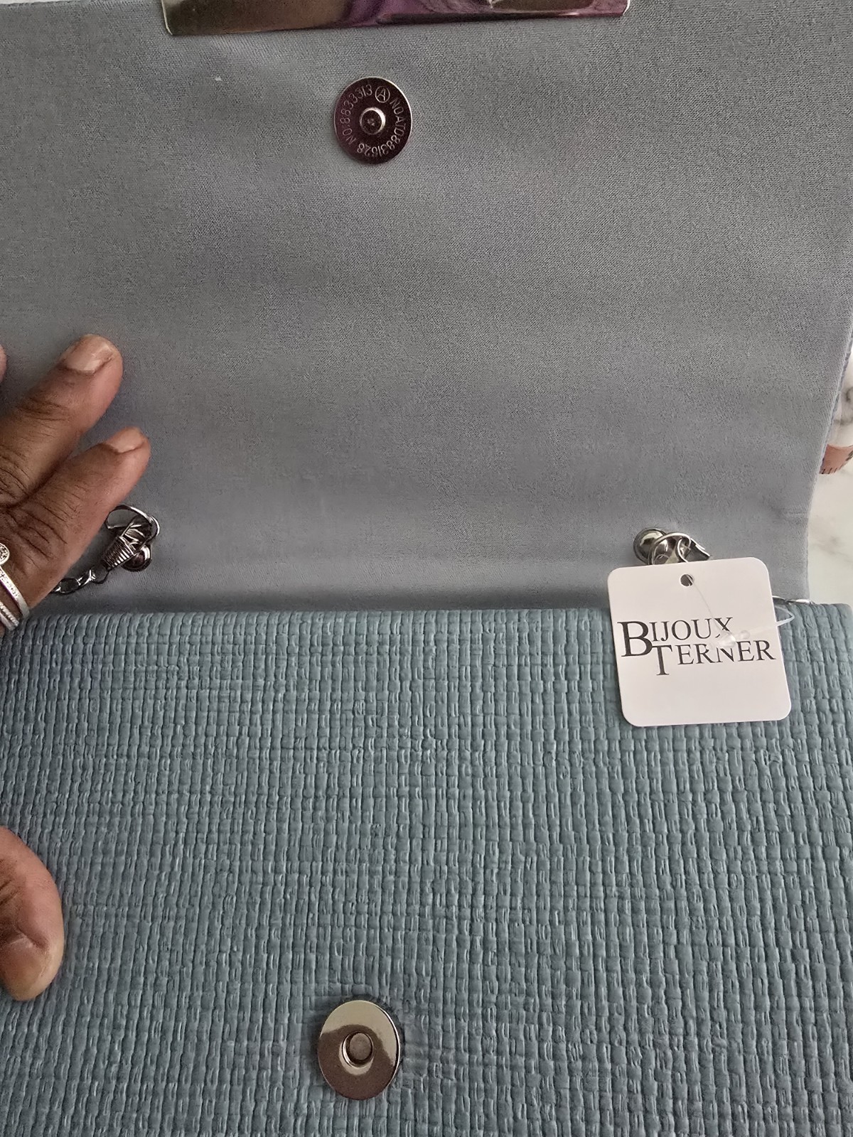 Bijoux Terner Blue Solid Rectangle Clutch Detachable Silver Chain, Magnetic