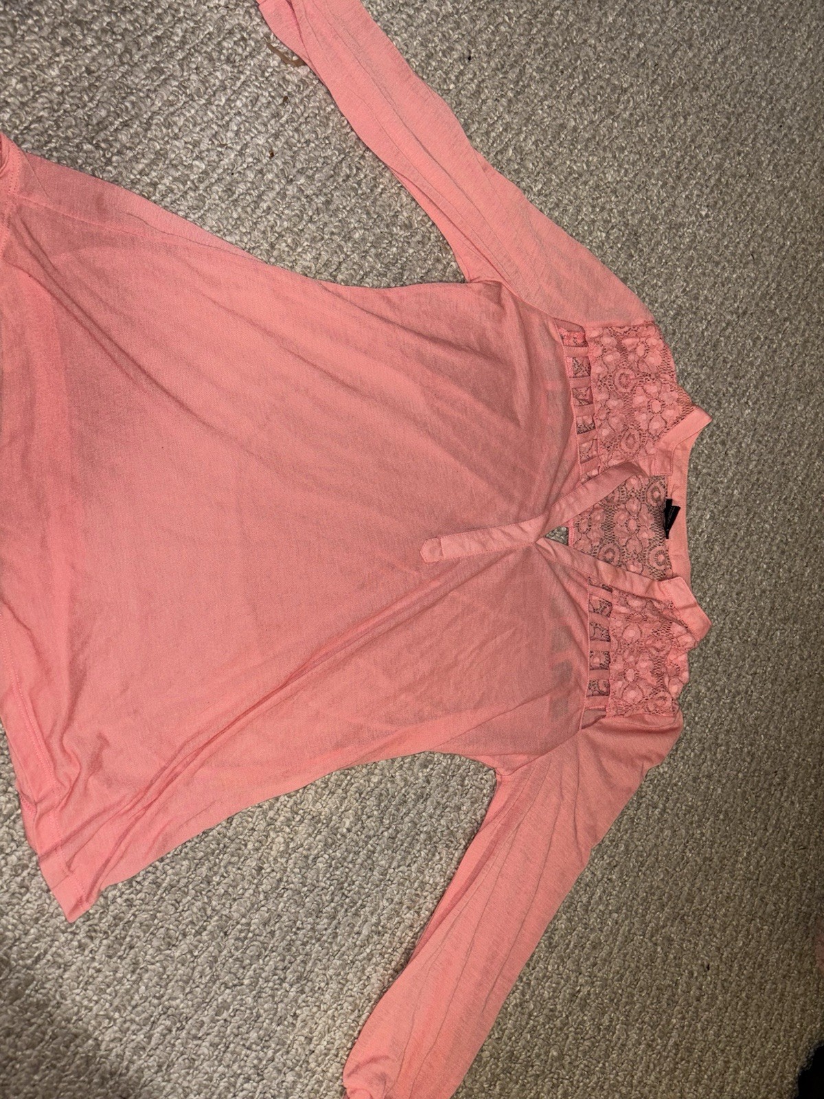 rue21 Women’s L Pink Solid V-Neck 3/4 Sleeve Pullover Top Lace Yoke