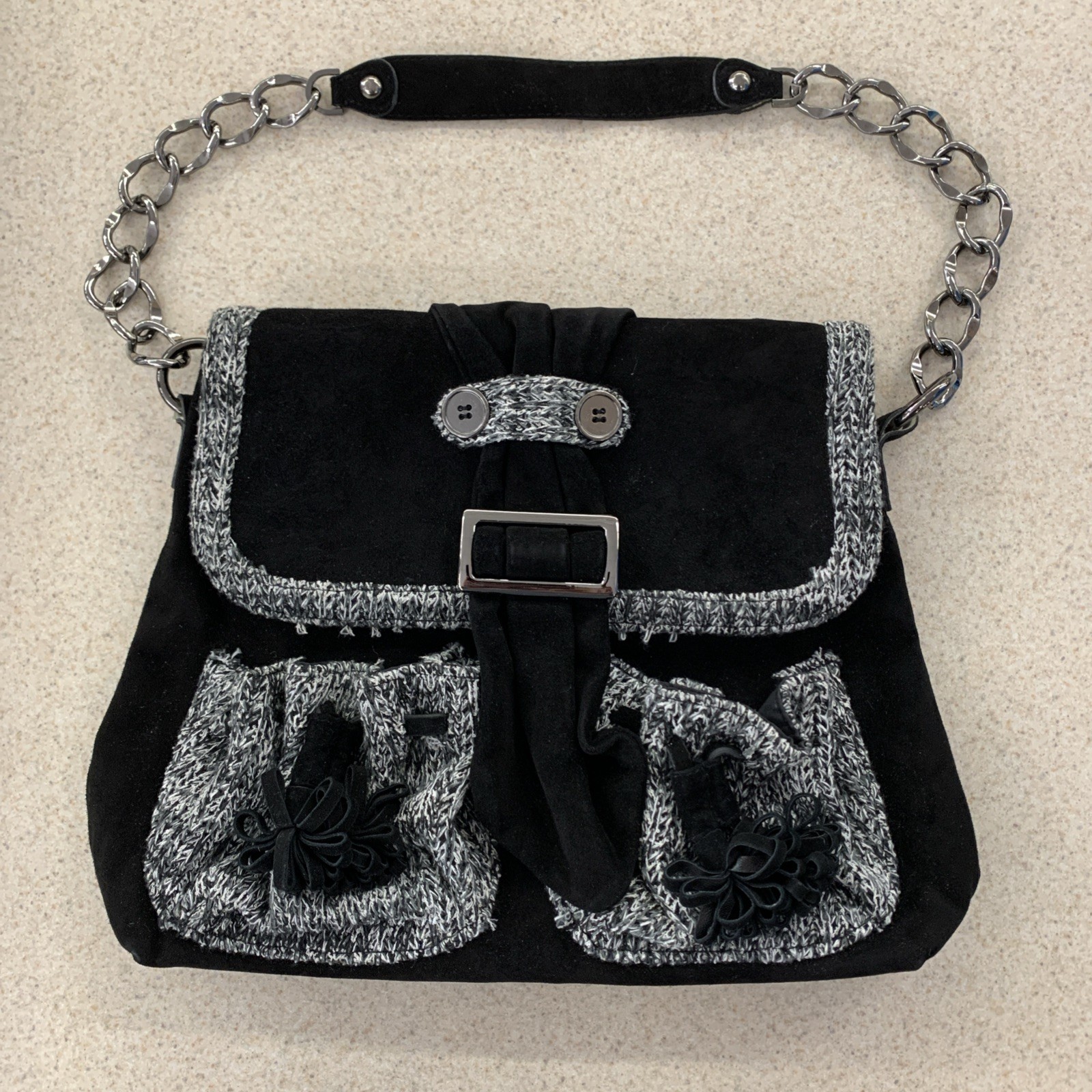 Jessica Bennett Black Suede Sweater Detail Chain Strap Purse $170 Retail
