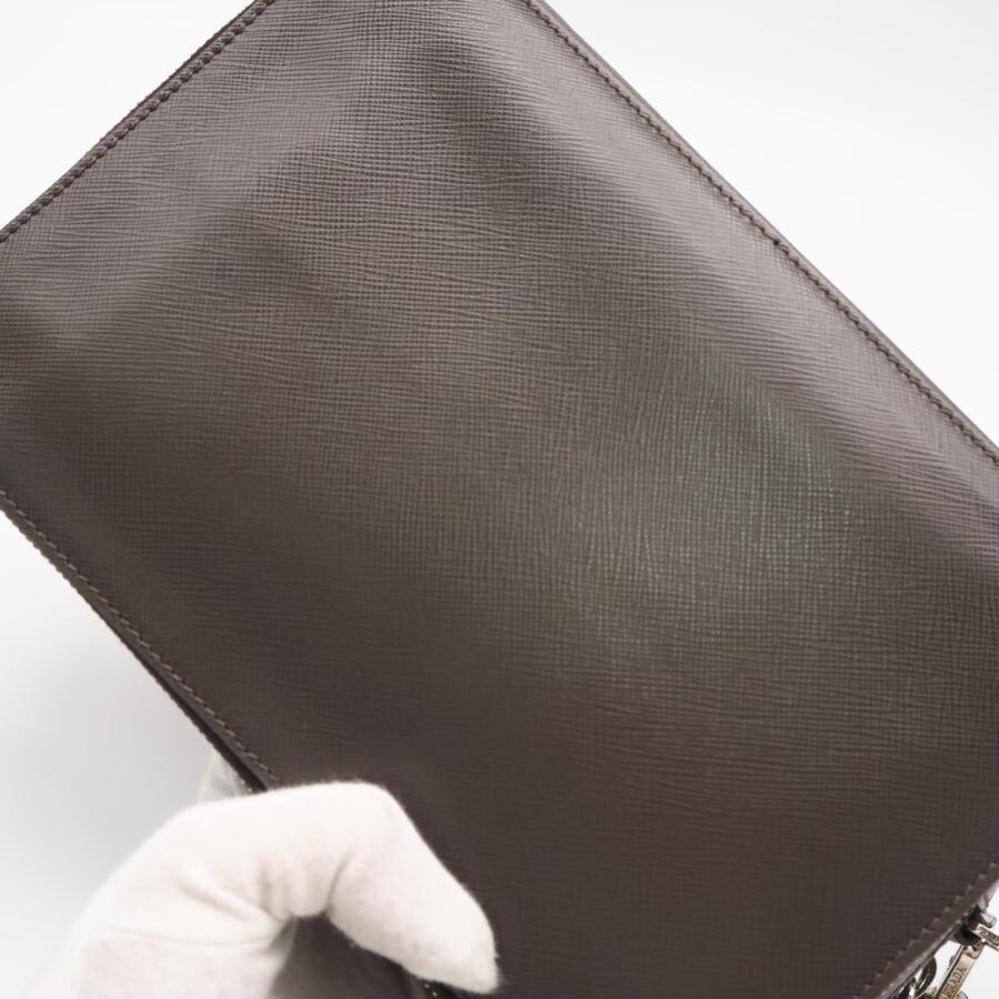 PRADA 2VF052 Clutch Saffiano Leather Greige Mens Zipper Pockets Card Slots