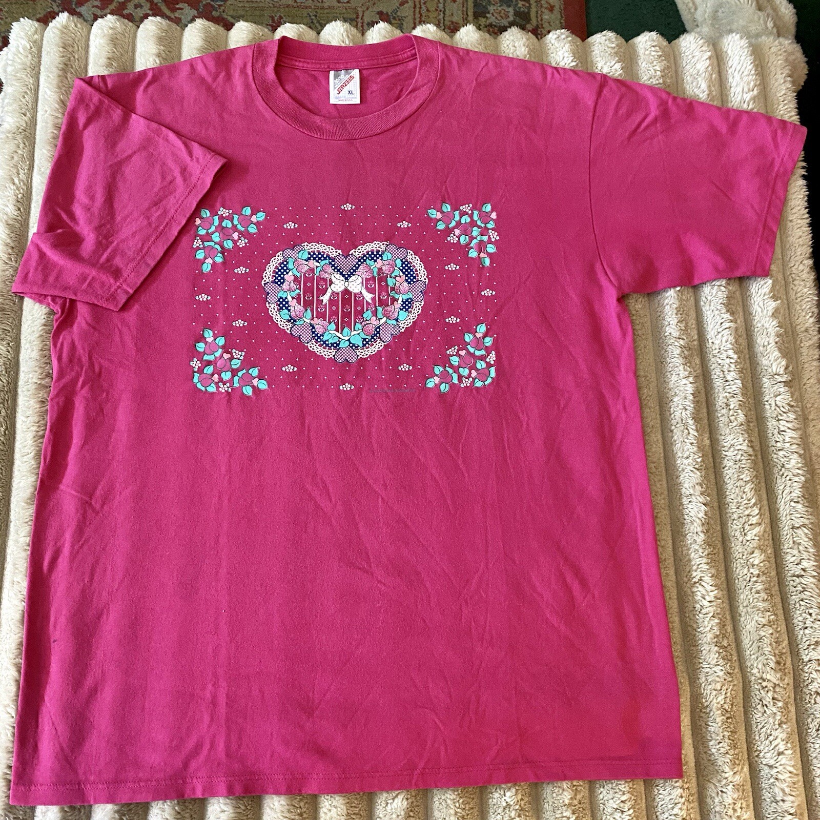 VTG 90s Jerzees T-Shirt Pink Hearts Flowers Valentines Grandma Shortsleeve Sz XL