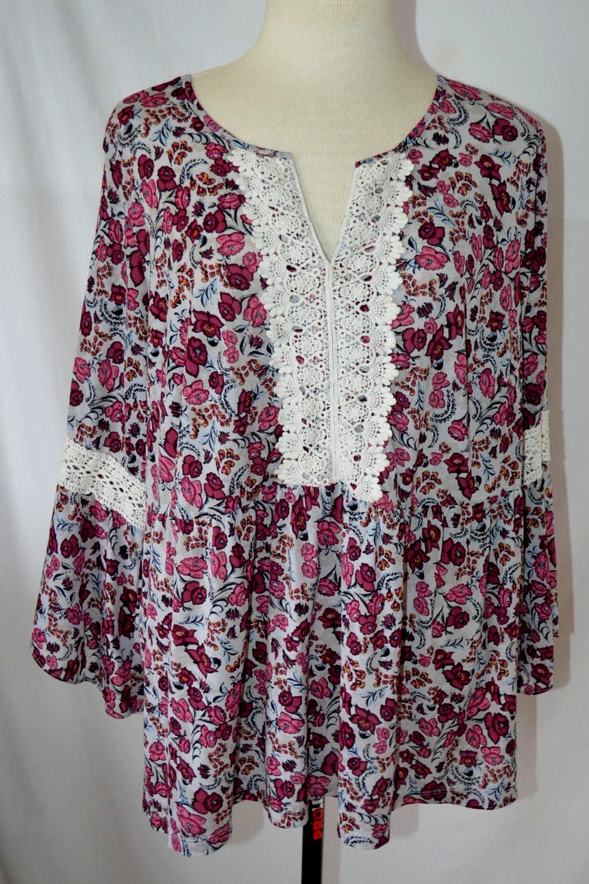 Style & Co Pink Burgundy Floral Print Peasant Top 1X Crochet Inset Bell Sleeves